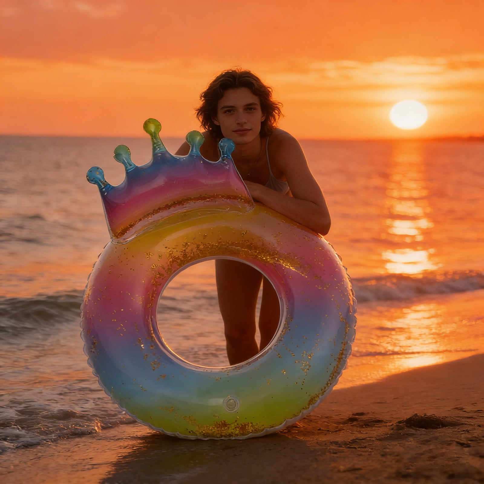 Ein Mädchen mit einem bunten Schwimmring in Kronenform am Strand bei Sonnenuntergang.