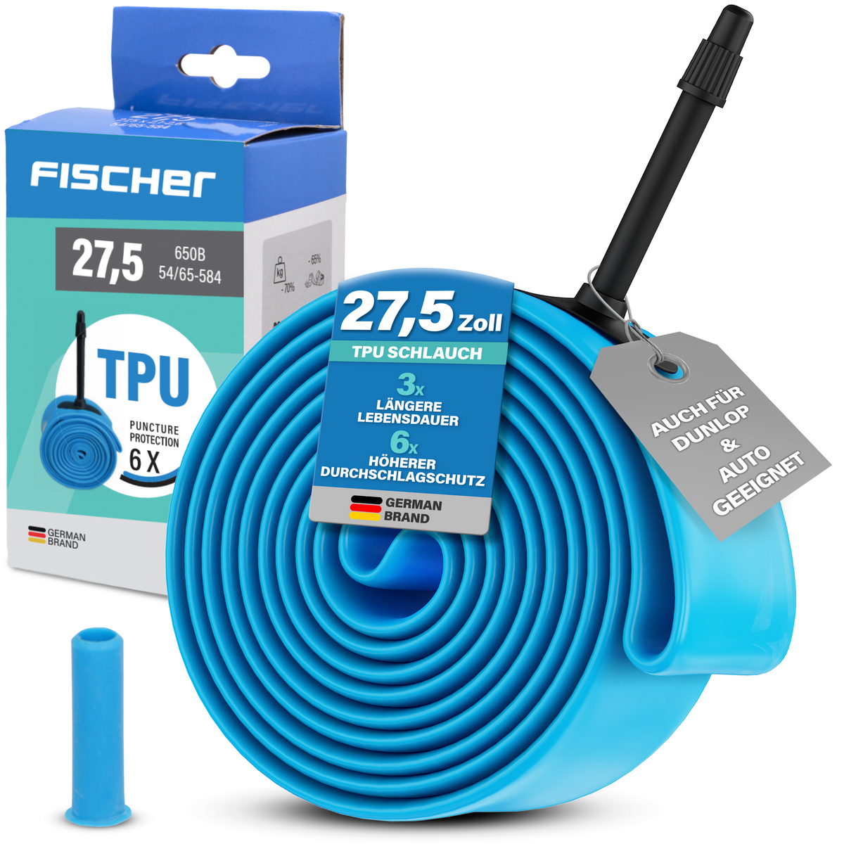 Blaue Fahrradschlauchrolle von Fischer mit deutscher Marke und Aufdruck.