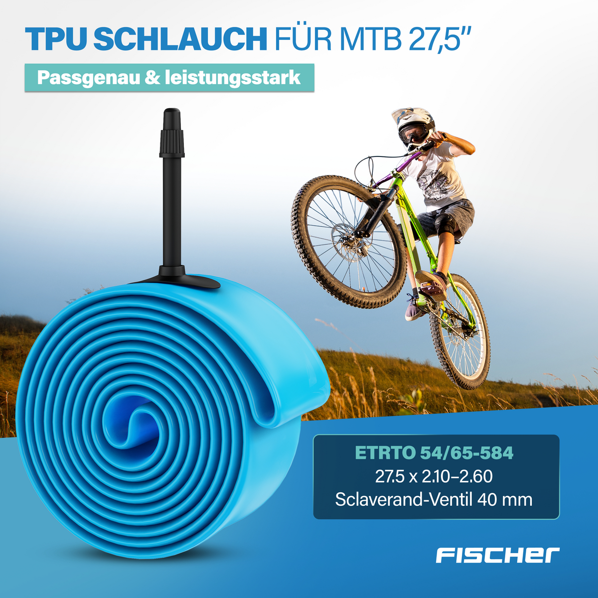 Blauer Fahrradschlauch neben einem Mountainbiker in Aktion.