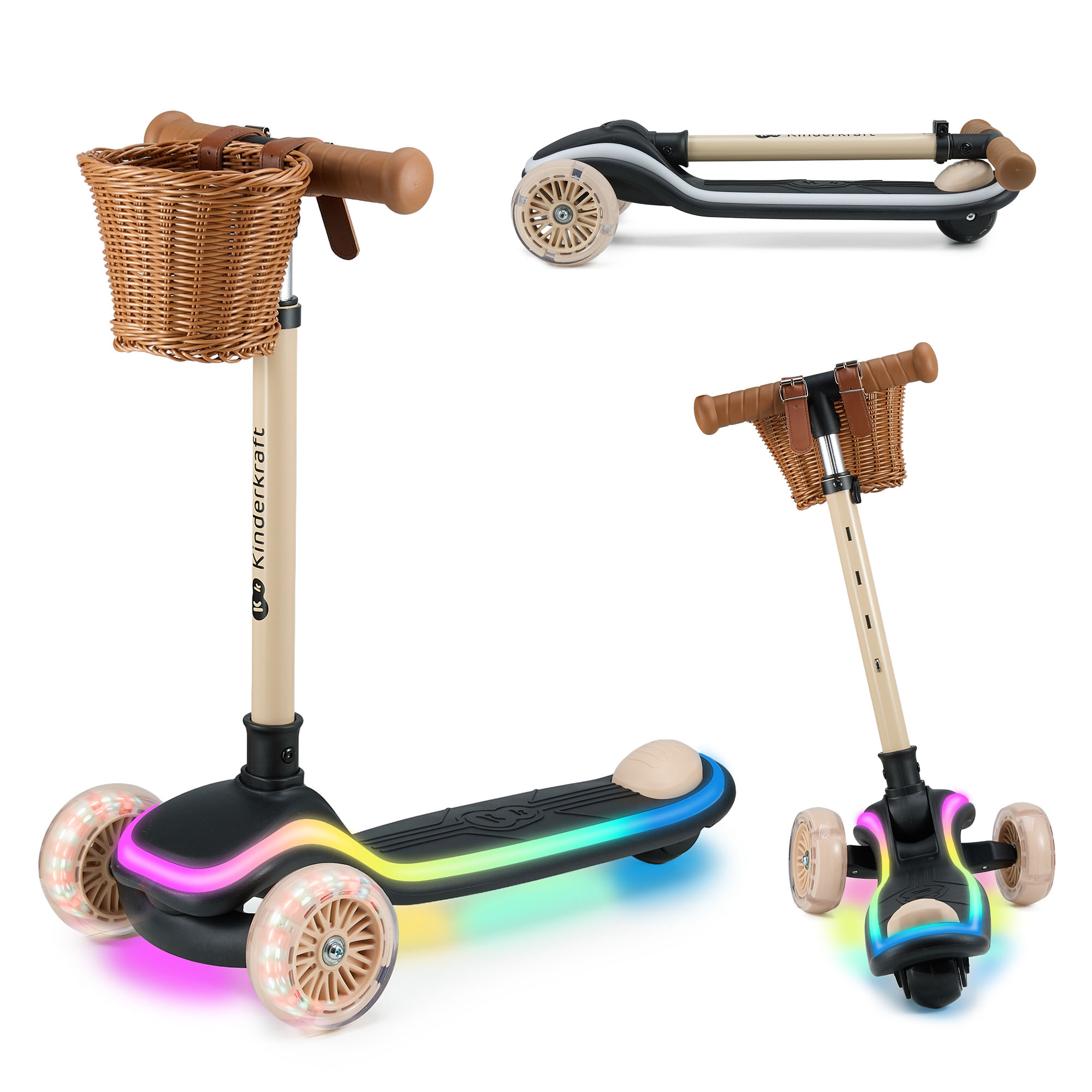 Dreirad-Scooter mit Lenkerkorb, Lichtern und beigen Griffen.