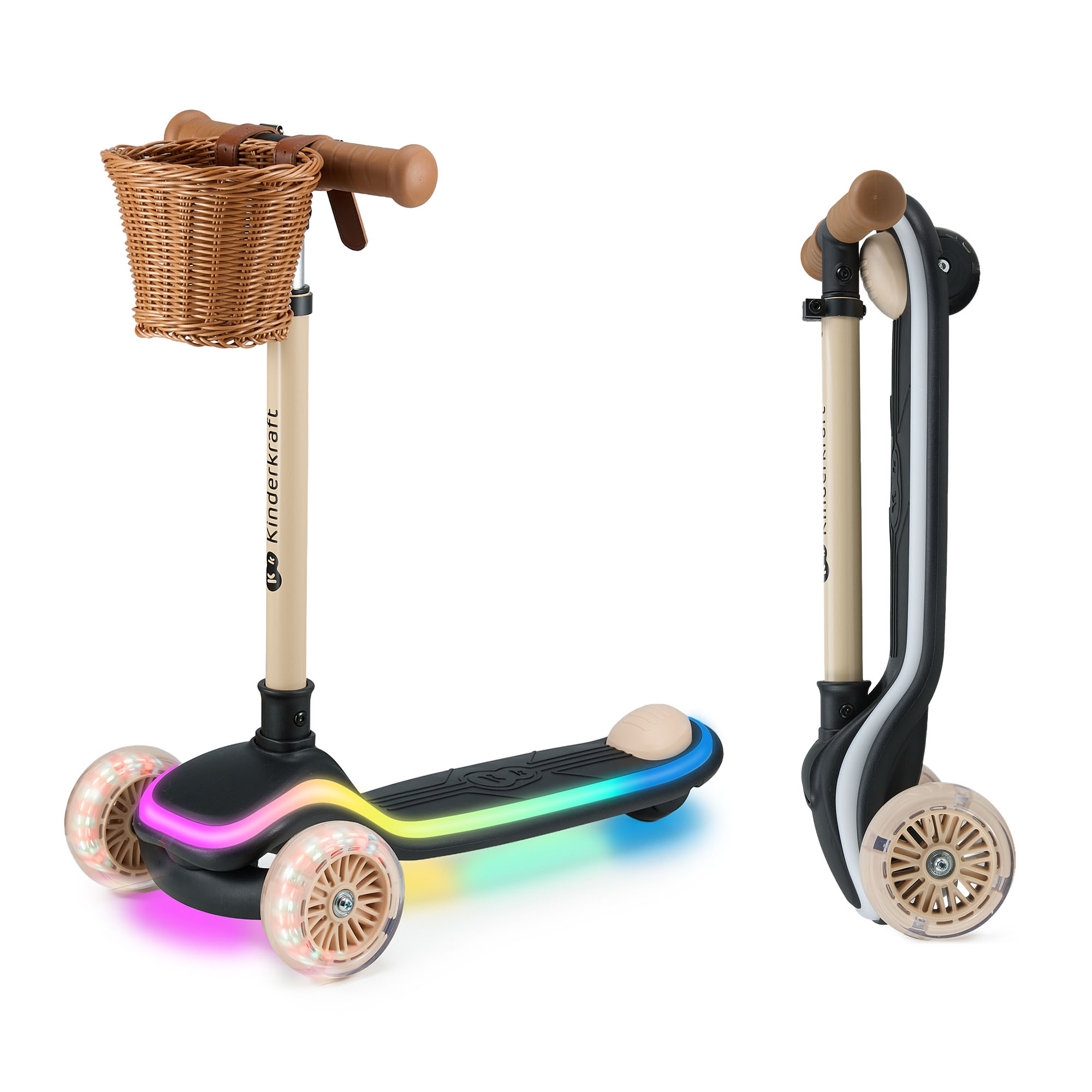 Zwei Roller: einer mit Korb und Lichtern, einer zusammengeklappt.