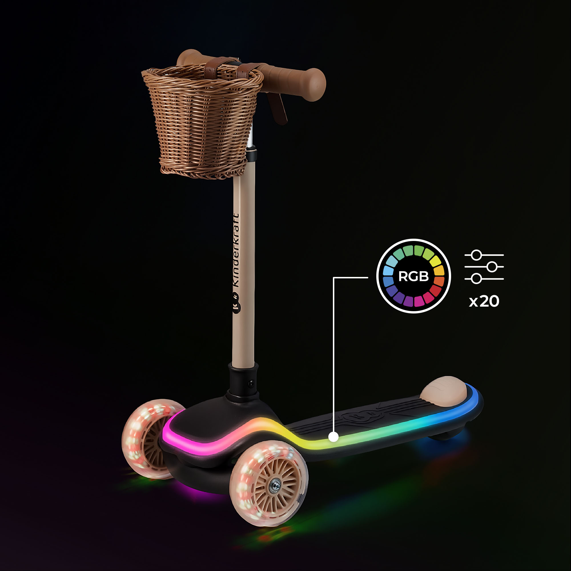Ein dreirädriger Roller mit Weidenkorb und RGB-LED-Lichtern an Rädern und Deck.