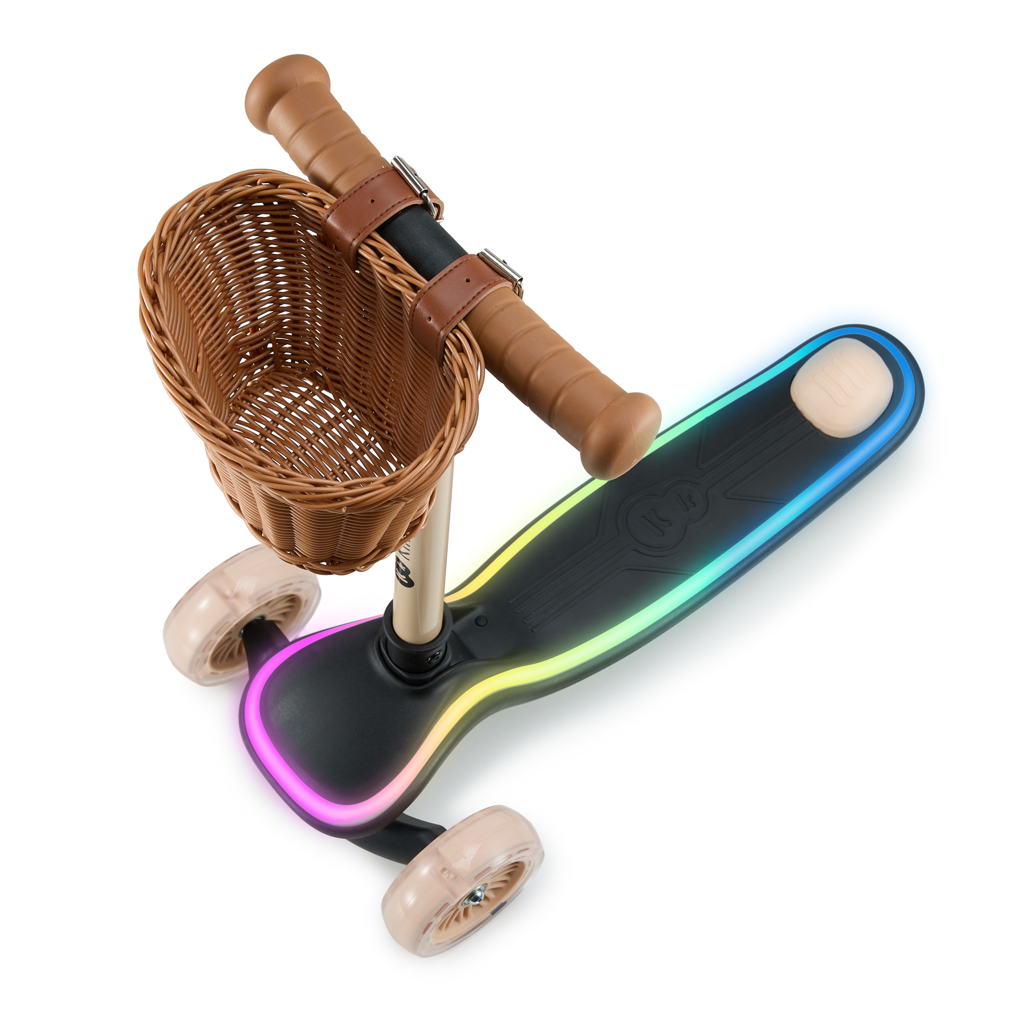 Ein dreirädriger Roller mit Lenkerkorb, braunen Griffen und bunten Lichtern.