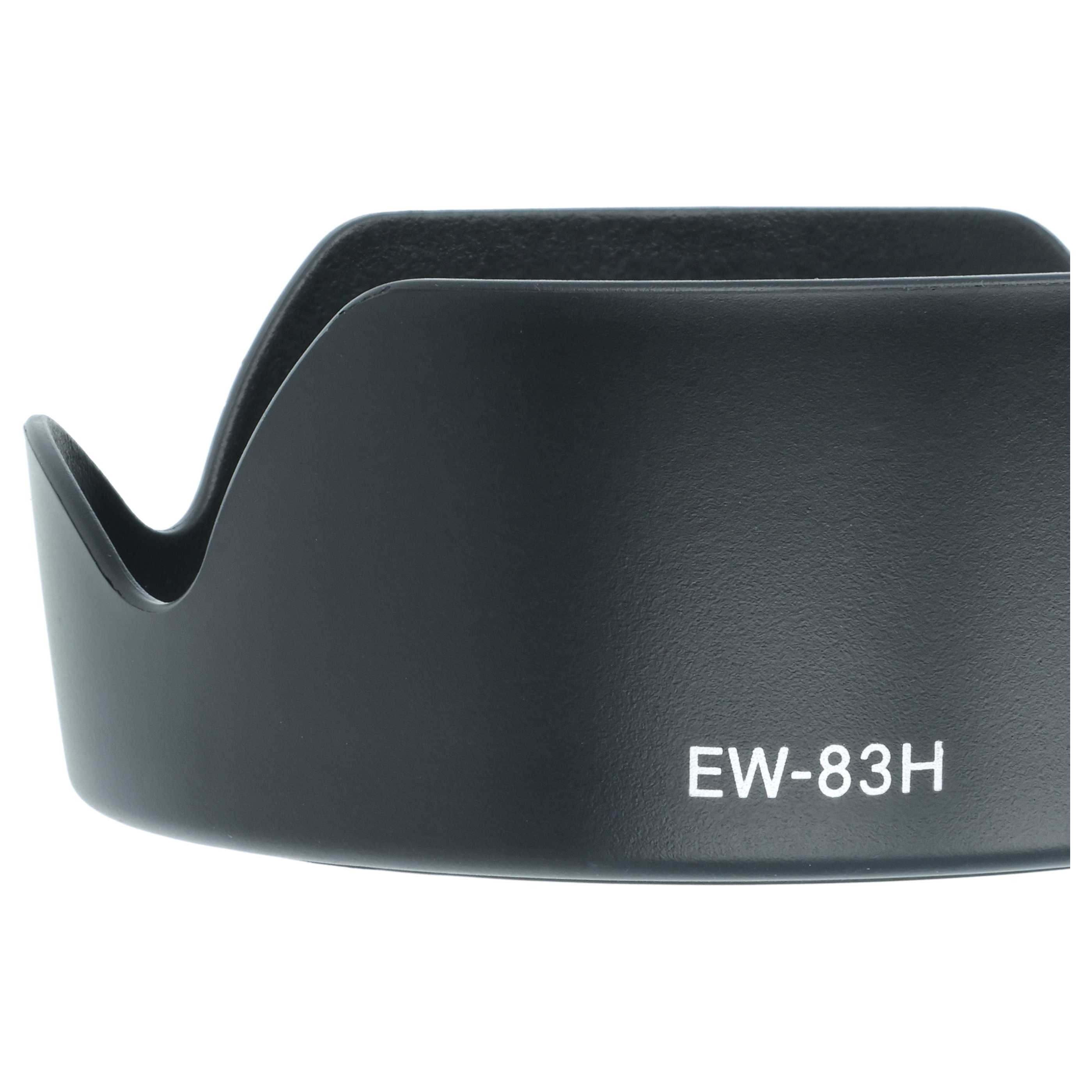 Ein schwarzer Objektivdeckel mit der Aufschrift EW-83H auf weißem Hintergrund.