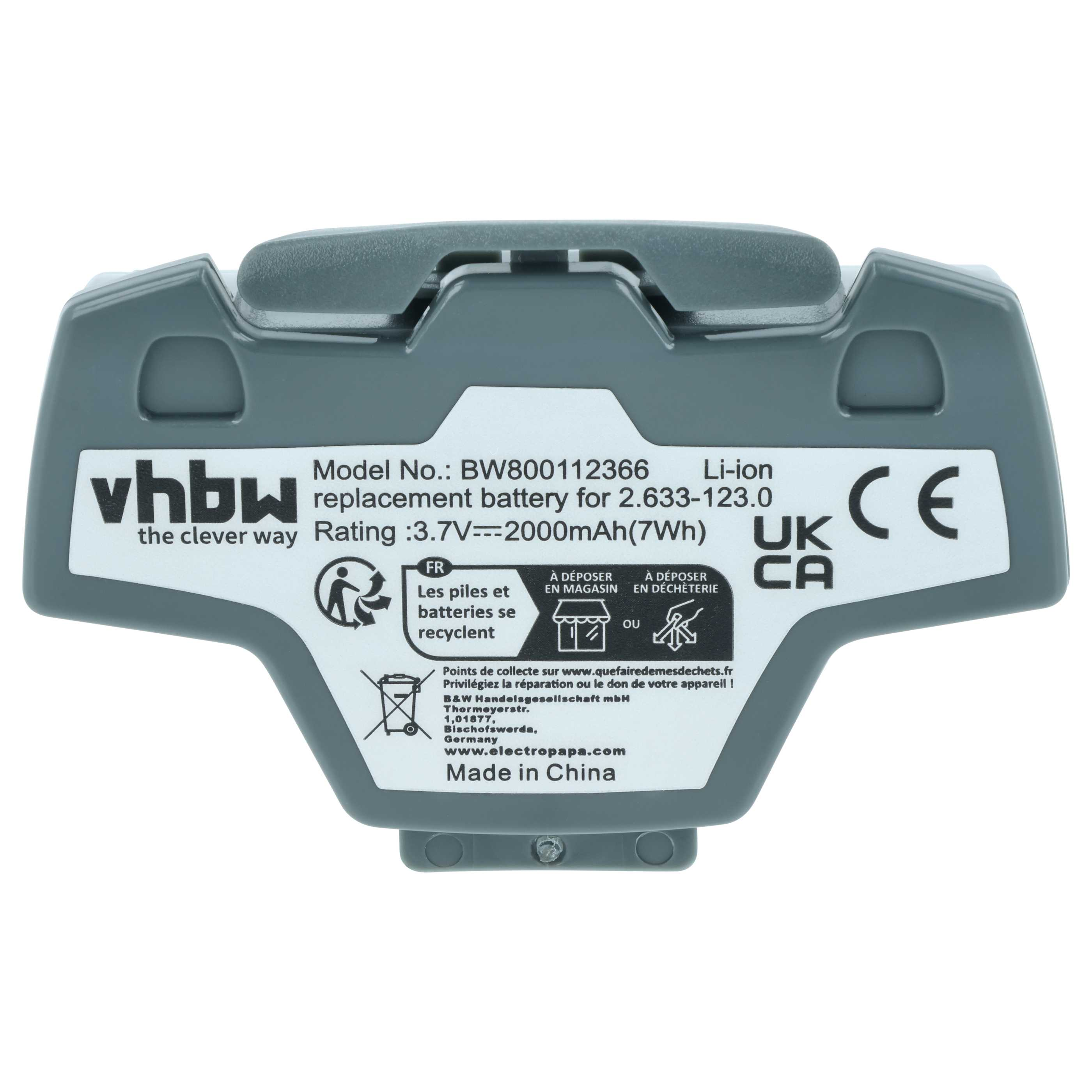 Grauer Akku mit Aufschriften: Modell Nr. BW800112366, 3.7V, 2000mAh.