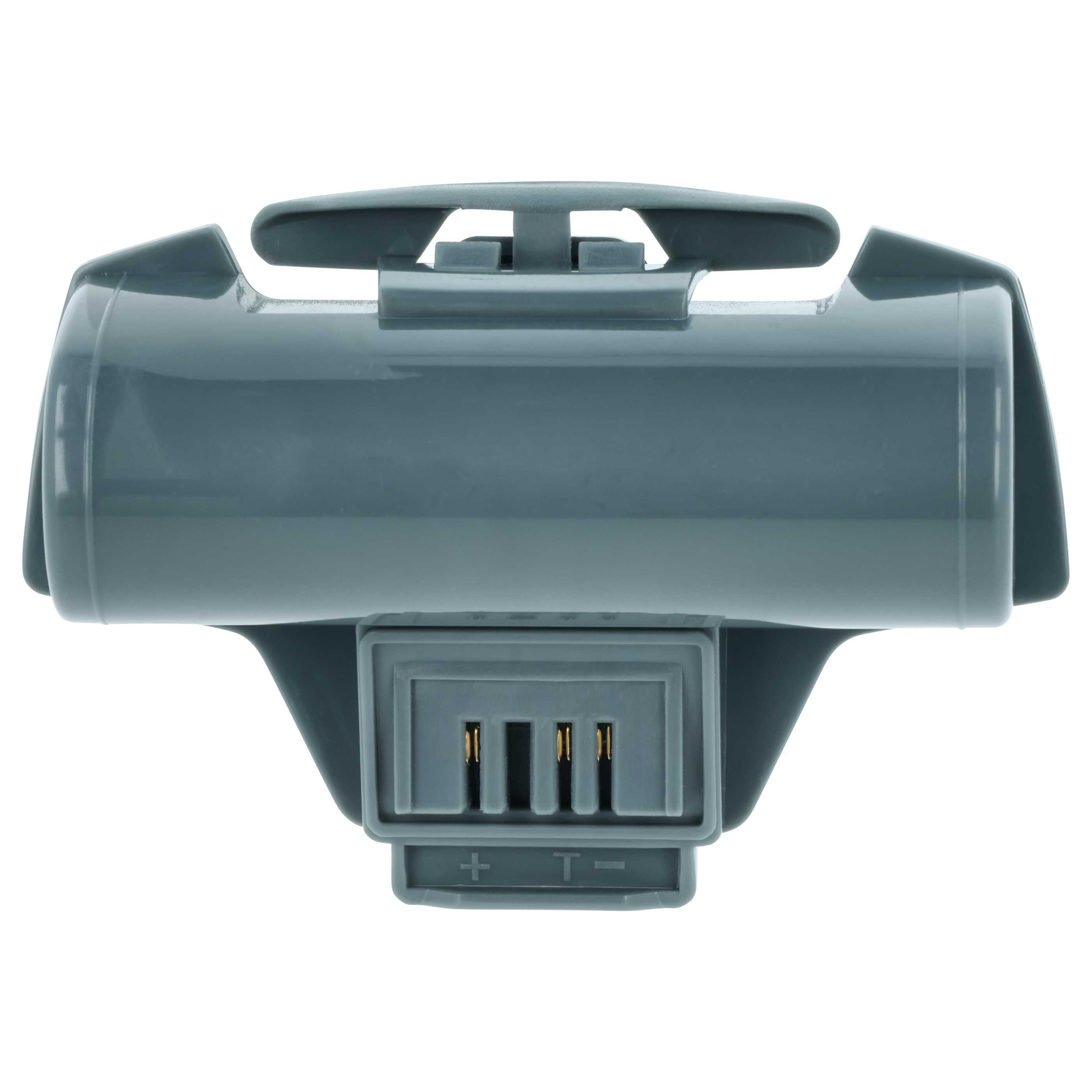 Grauer Batterieclip mit goldenen Anschlüssen und Plus-/Minus-Markierungen.
