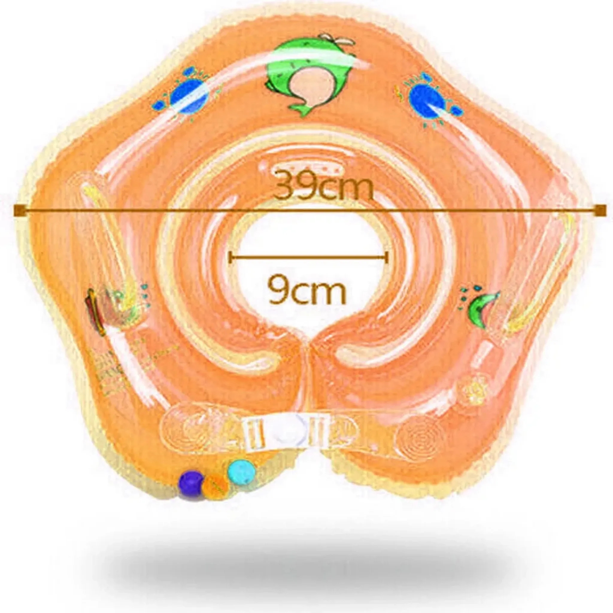 Ein aufblasbarer Schwimmring in Orange mit einem Froschmotiv und Größenangaben.