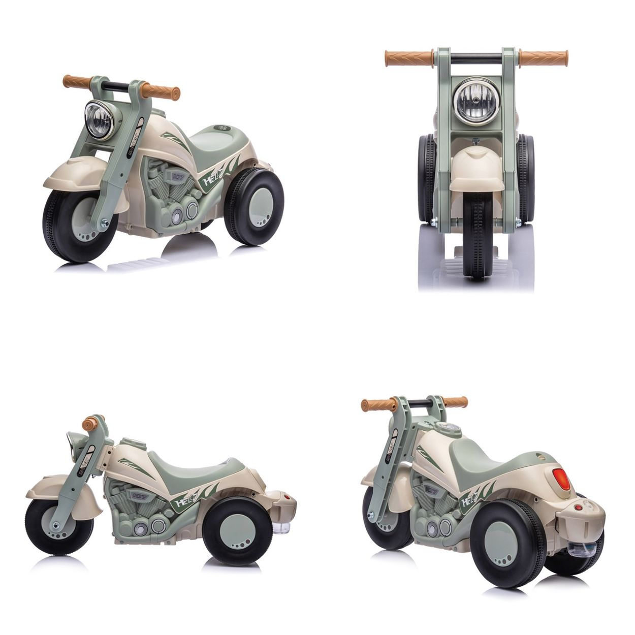 Dreirädriges Kindermotorrad in Creme und Grün mit Holzgriffen und Scheinwerfer.