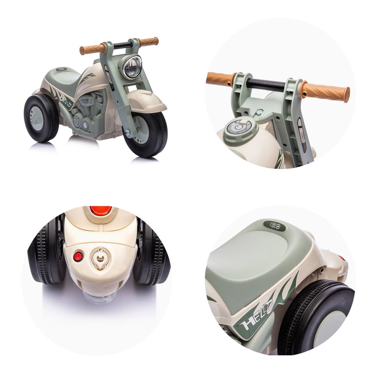 Ein beigefarbener und grüner Kinder-Dreirad-Roller im Motorradstil mit braunen Griffen.