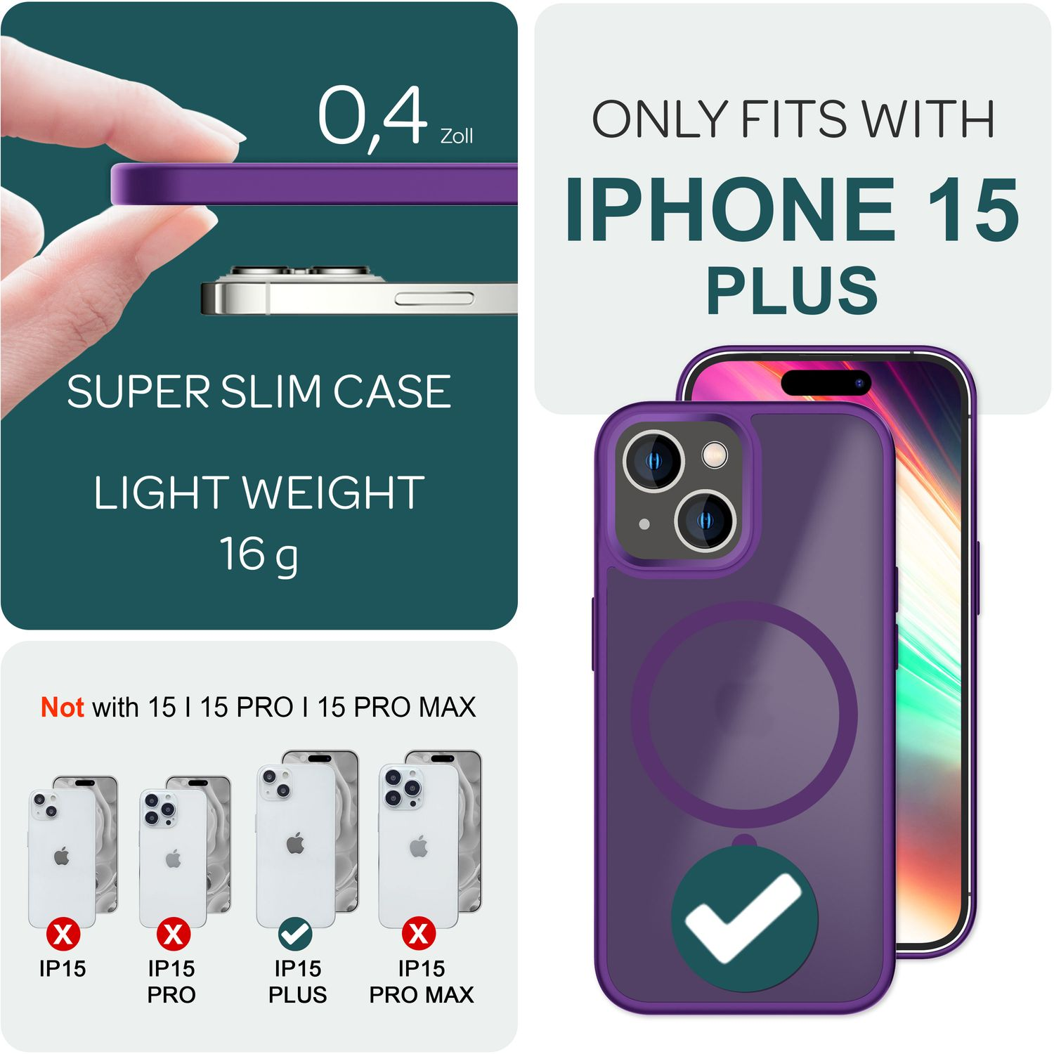Superdünne, leichte lila Hülle für iPhone 15 Plus, passt nicht für andere Modelle.