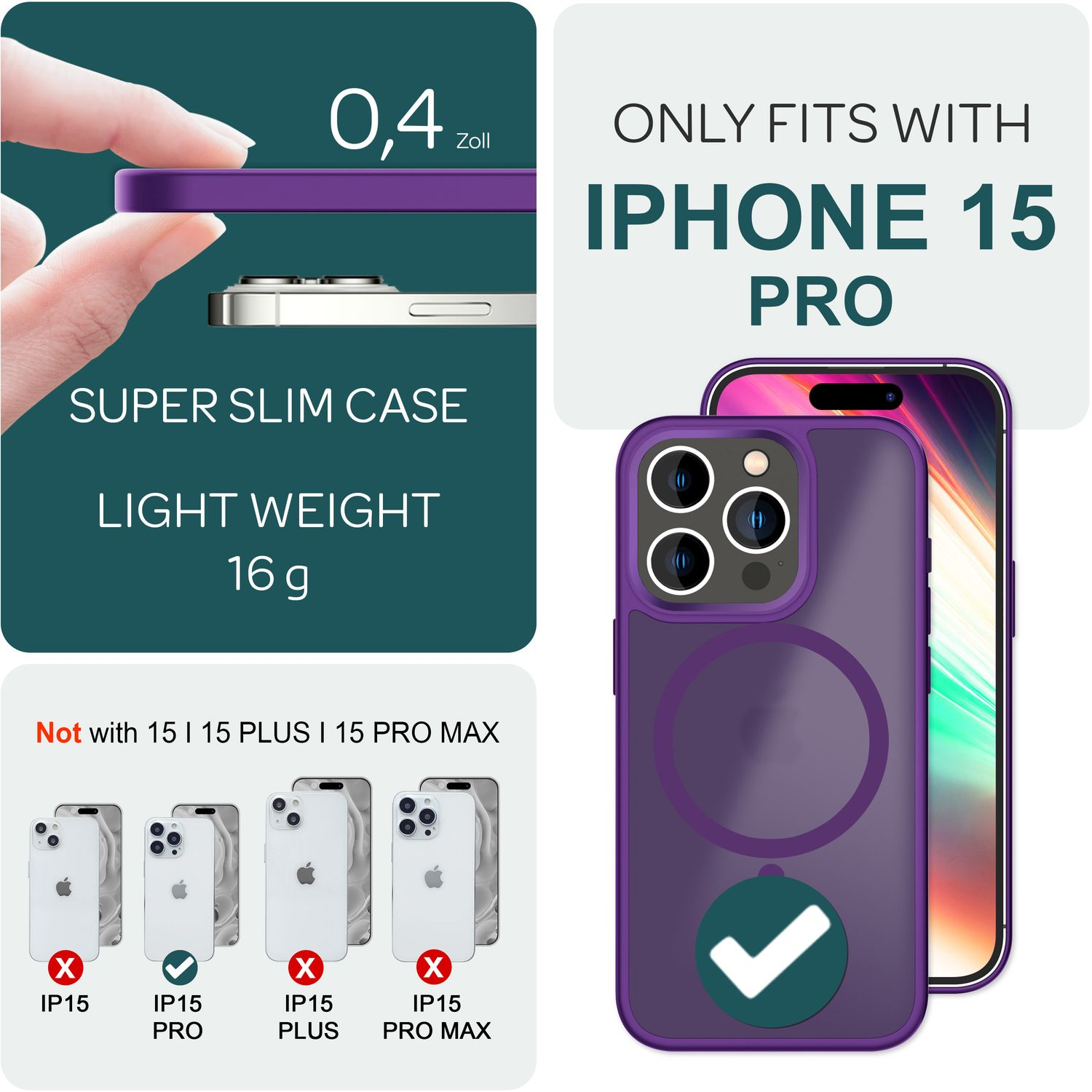Lila iPhone 15 Pro Hülle mit schlankem Profil. Passt nur für iPhone 15 Pro.