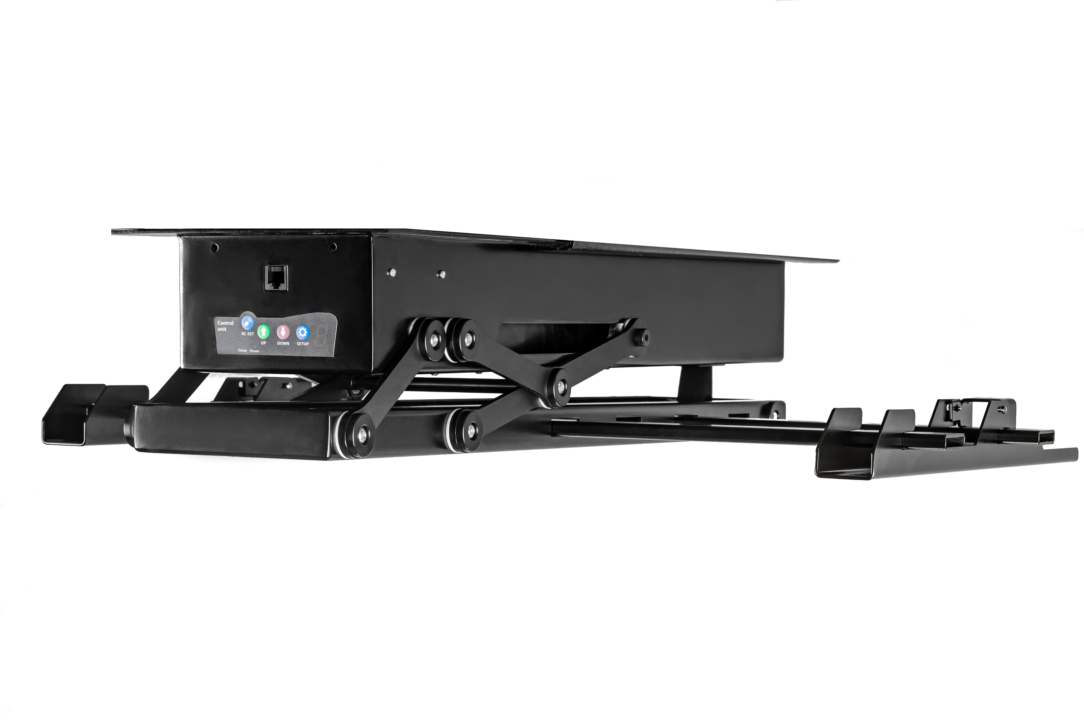 Schwarzer mechanischer Hubtisch- oder Aufzugmechanismus mit Kontrollbox und Knöpfen.