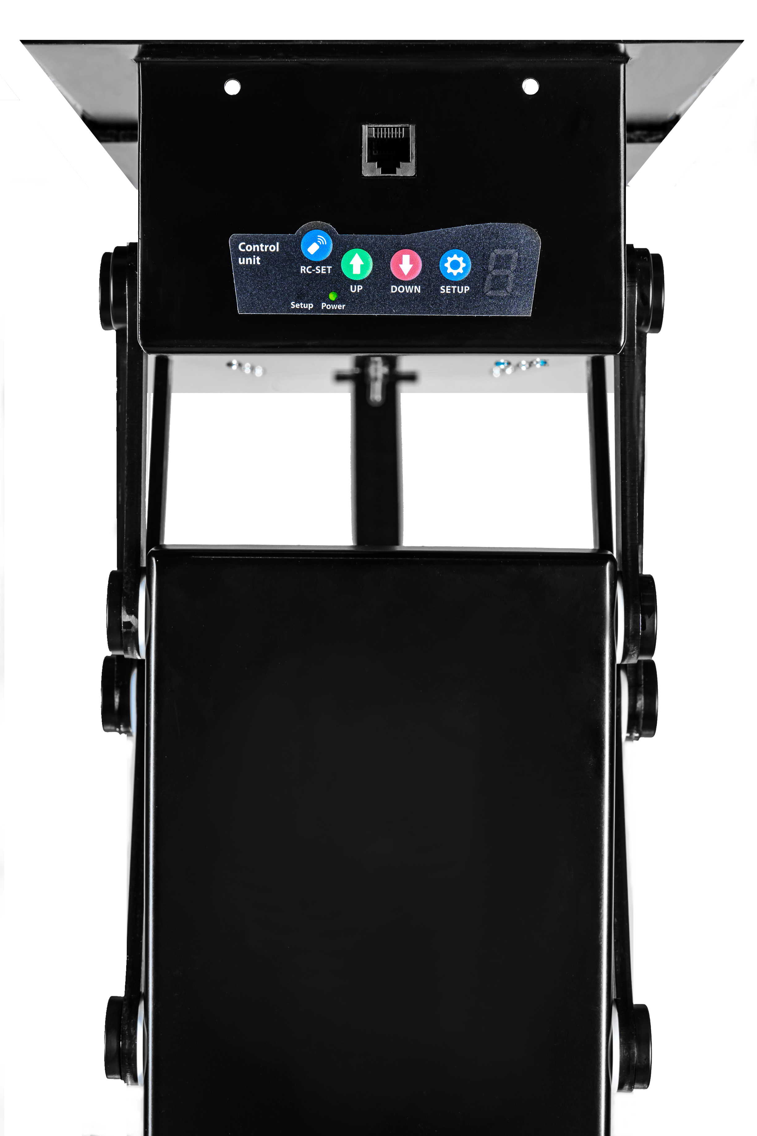 Schwarze Steuereinheit mit Knöpfen: RC-SET, AUF, AB, SETUP und digitaler Anzeige.