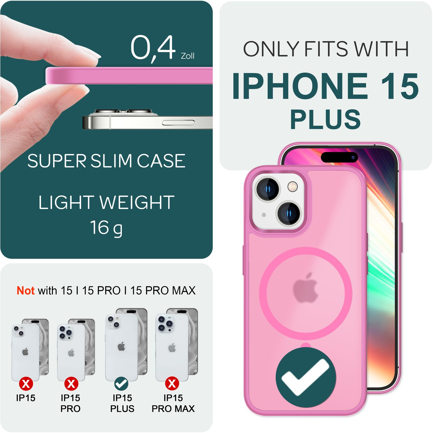 Superdünne, leichte rosa Hülle für iPhone 15 Plus. Nicht für andere Modelle.