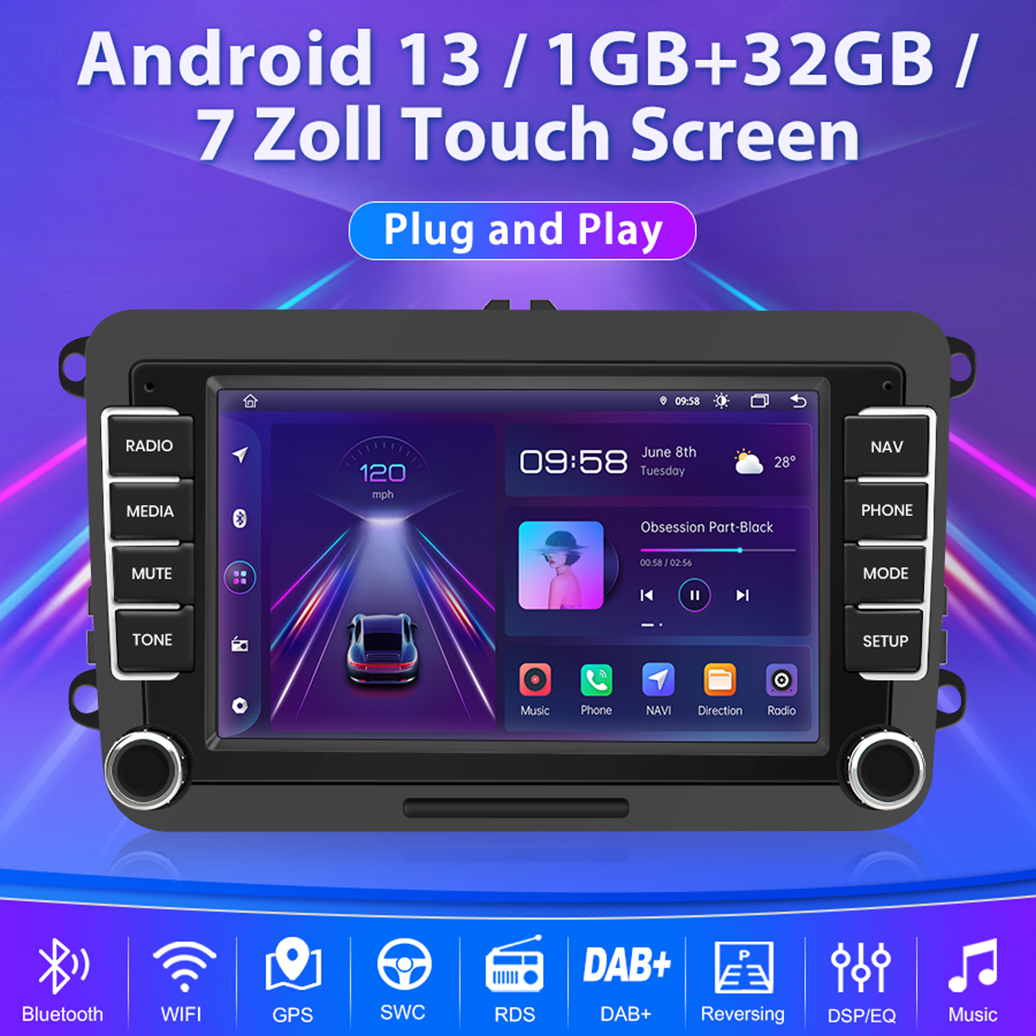 Android 13 Autoradio mit 7-Zoll-Touchscreen, Navigations- und Musikfunktionen.
