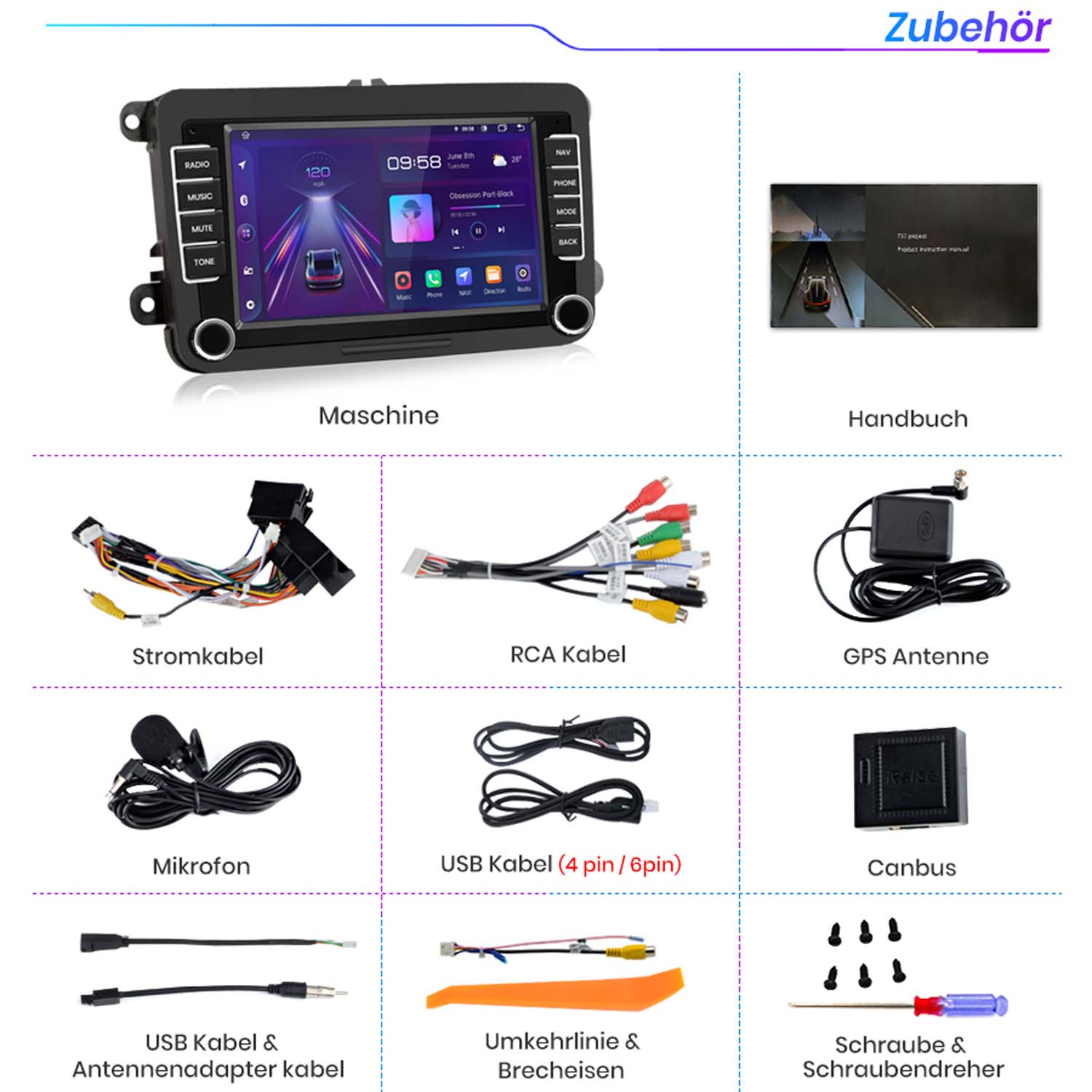 Ein Auto-Infotainmentsystem mit Zubehör wie Kabel, Antenne, Mikrofon, Canbus, Schrauben.