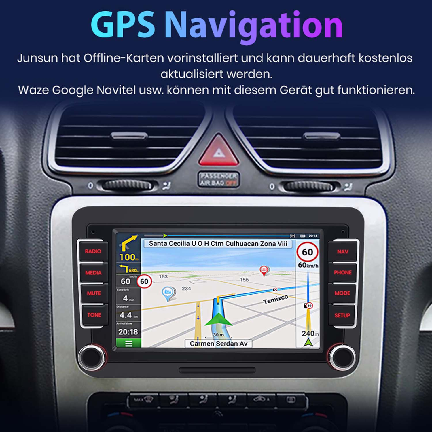 GPS-Navigationsbildschirm im Auto mit Kartenansicht, Geschwindigkeit und Menüoptionen.