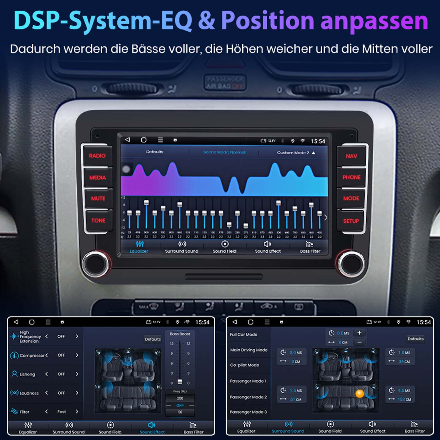 Autodisplay mit EQ-Einstellungen und Sound-Modi.