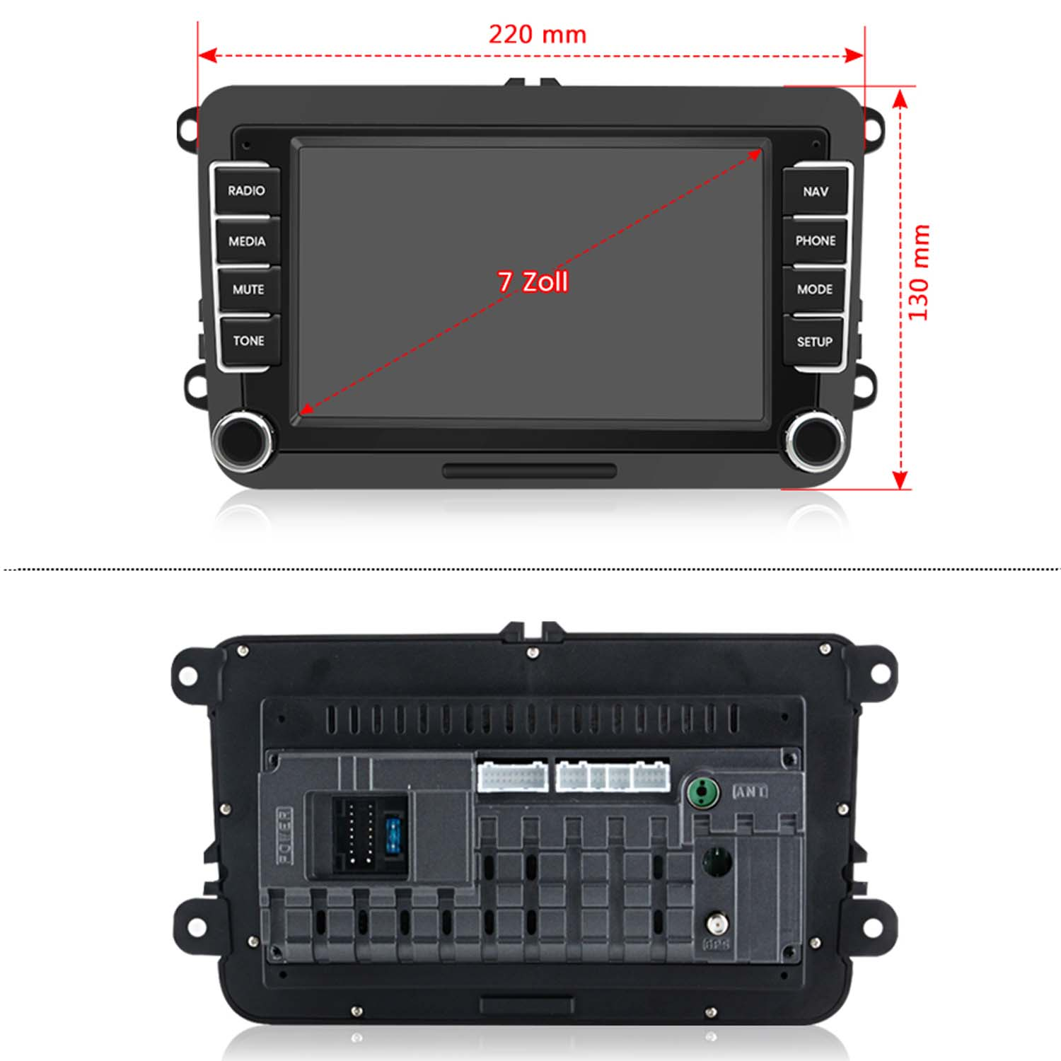 Vorder- und Rückansicht eines 7-Zoll-Autoradios mit Tasten und Anschlüssen.