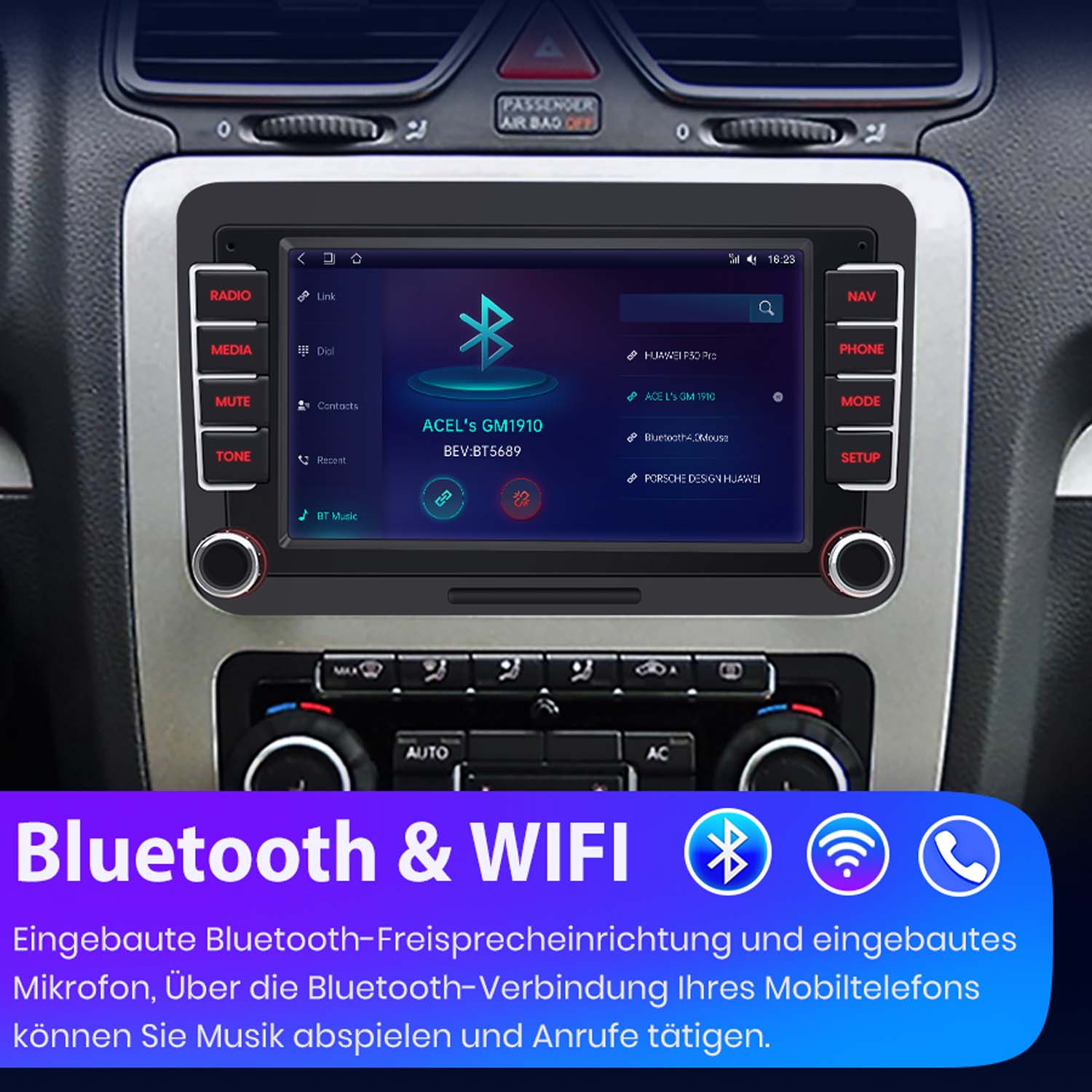 Zentrales Infotainmentsystem eines Autos mit Bluetooth- und WLAN-Symbolen.
