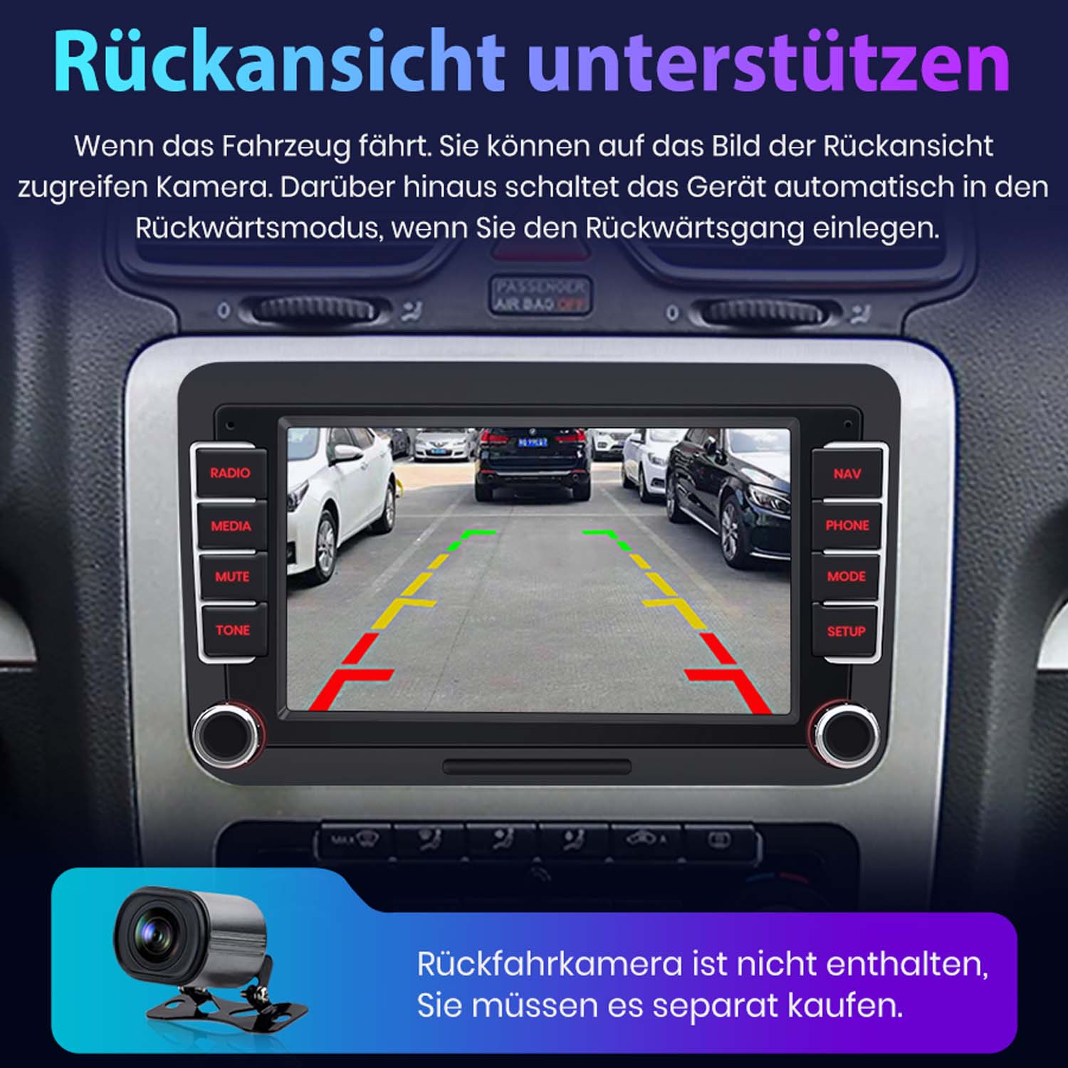 Rückfahrkameraansicht auf einem Autoradio-Bildschirm mit Parkhilfslinien.