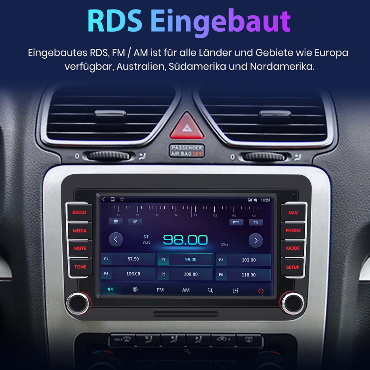 Auto-Radio-Bildschirm zeigt UKW 98.00 MHz, mit Tasten wie Radio, Media, Mute.
