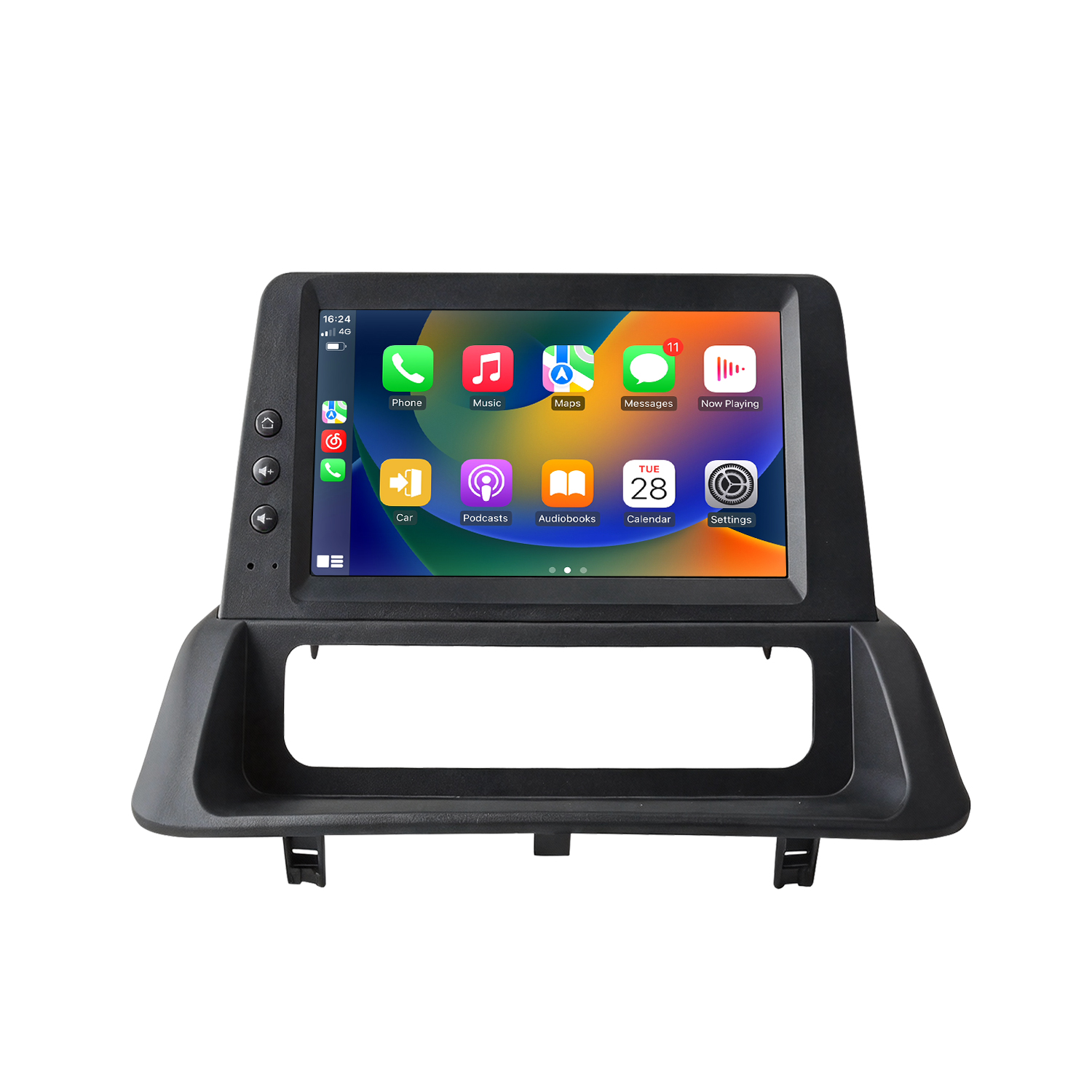 Touchscreen autoradio che mostra varie icone di app e l'ora.