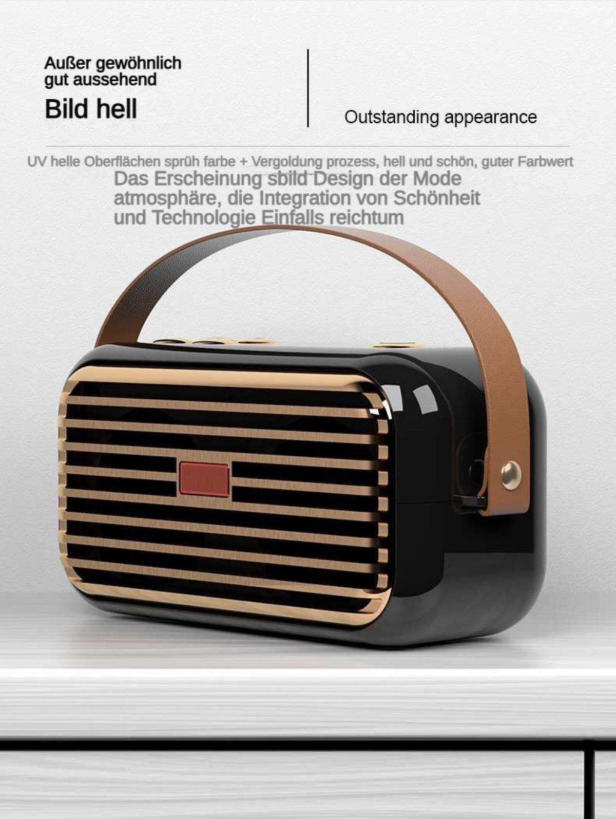 Ein schwarz-goldener Lautsprecher mit braunem Griff und roter Mitte.