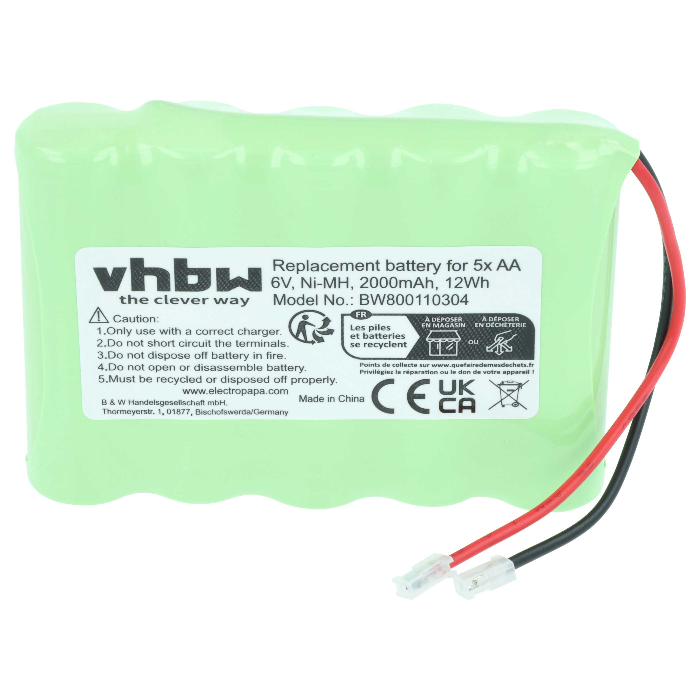Grüne 6V Ni-MH Batterie mit rotem und schwarzem Kabel, vhbw Logo und Warnhinweisen.