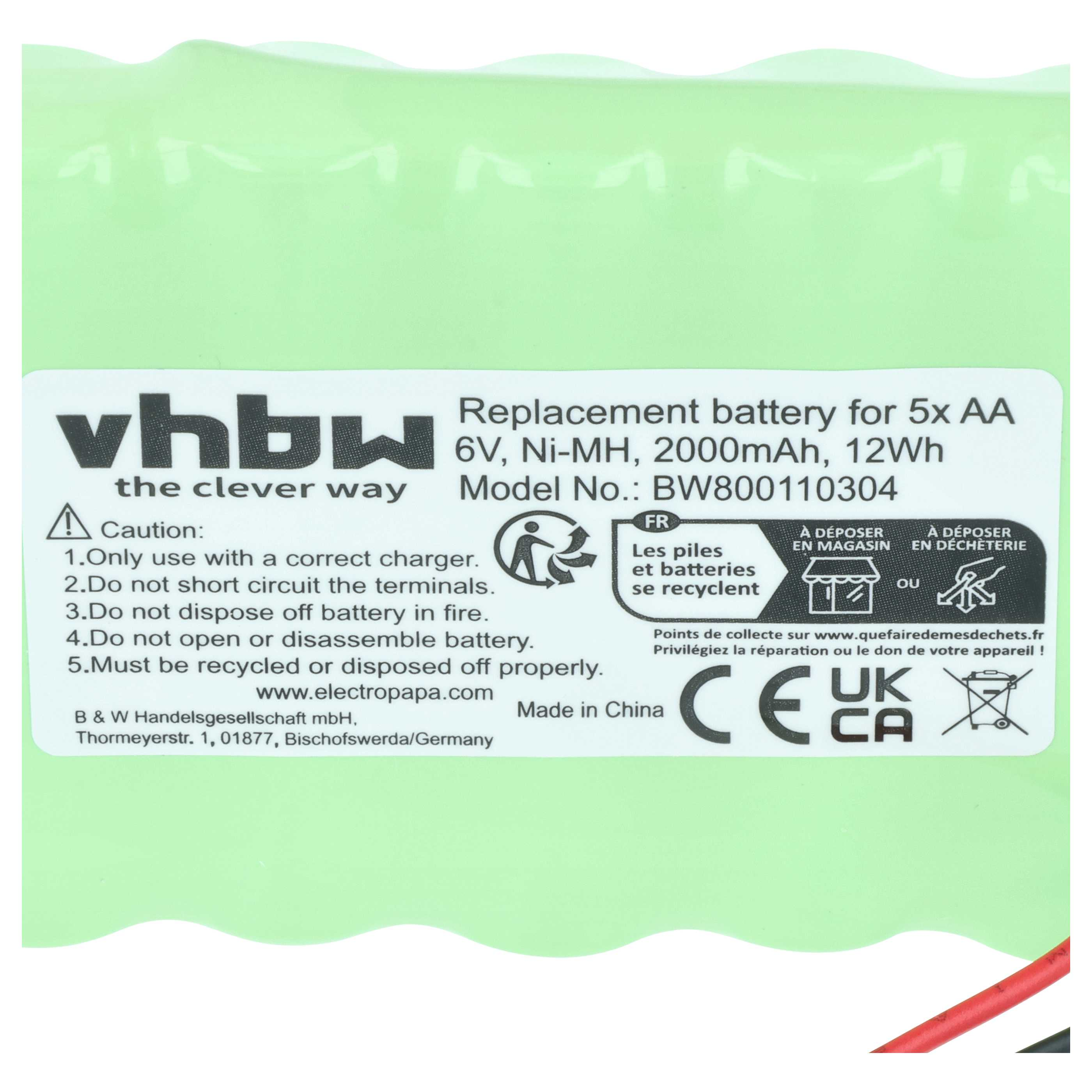 vhbw Ersatzakku 6V Ni-MH, 2000mAh, 12Wh, Modell BW800110304.