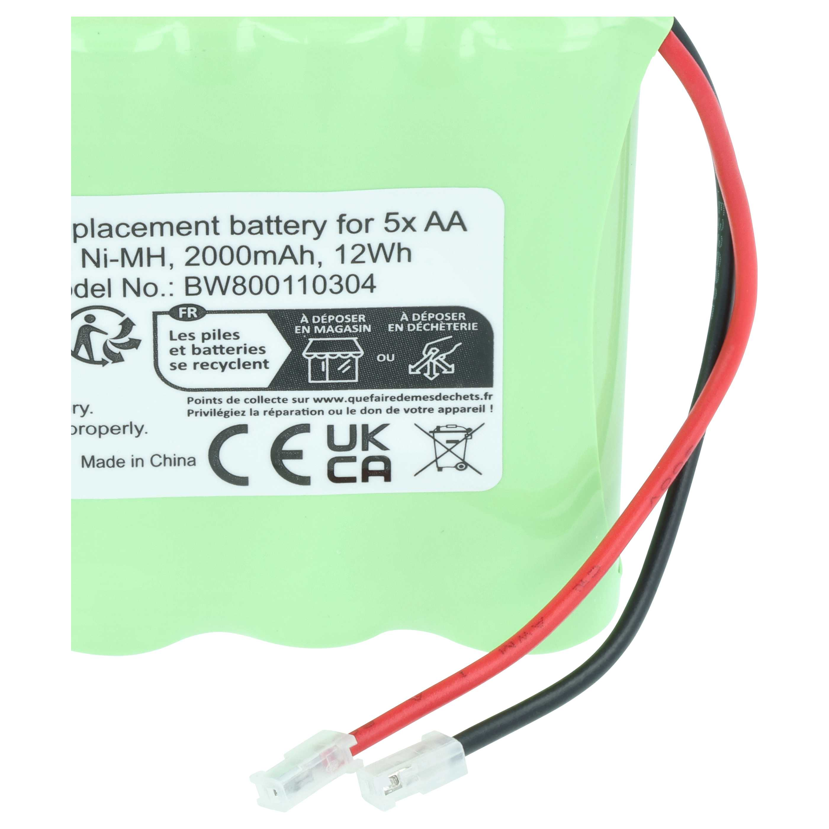 Grüne Ni-MH-Batterie mit rotem und schwarzem Kabel, Modell BW800110304.