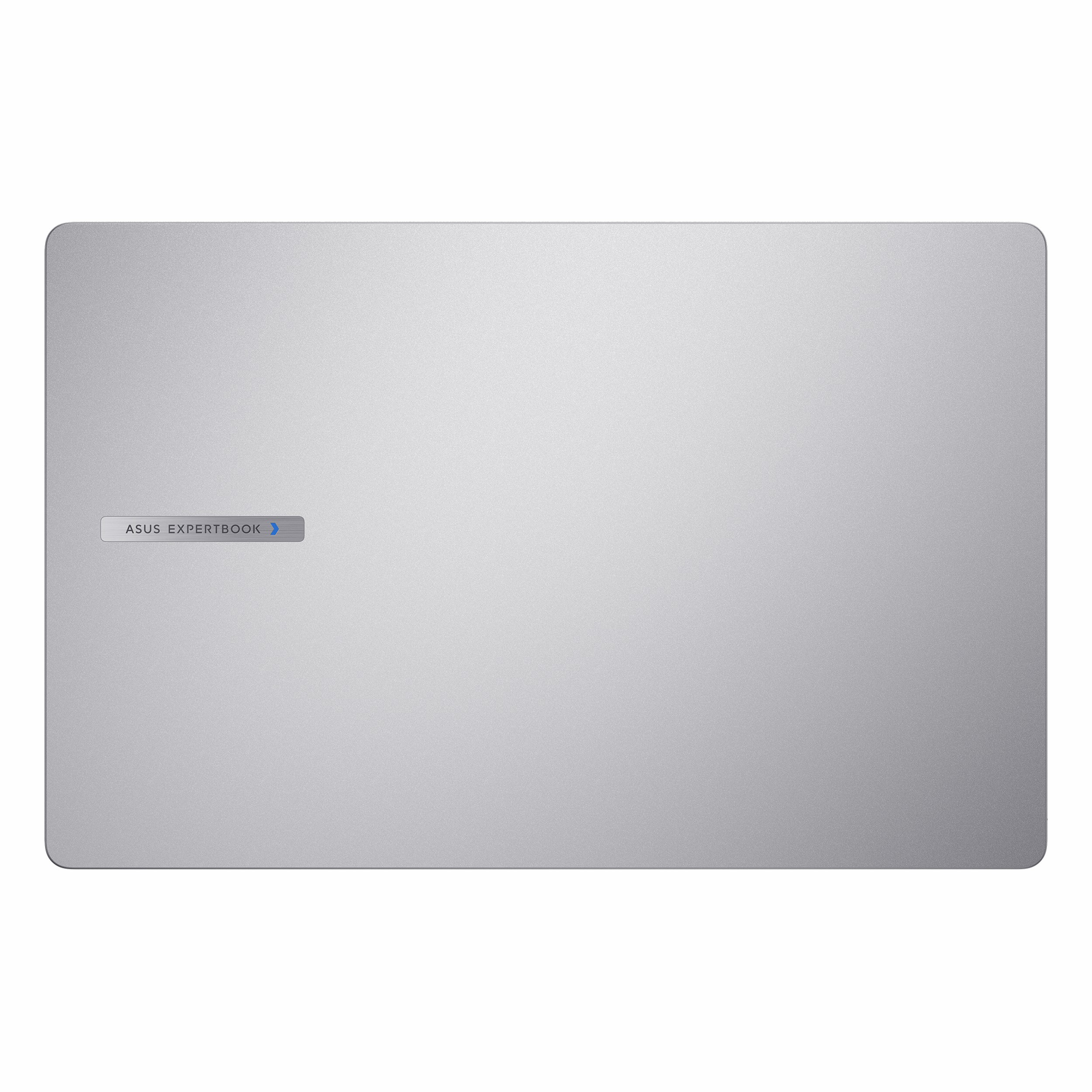 Beyaz arka plan üzerinde Asus ExpertBook logosuna sahip gümüş laptop.