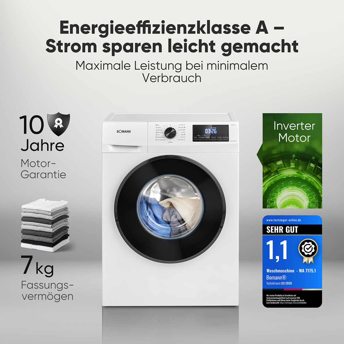 Eine weiße Bomann Waschmaschine mit 10 Jahren Motor-Garantie und 7kg Fassungsvermögen. Mit Inverter Motor.