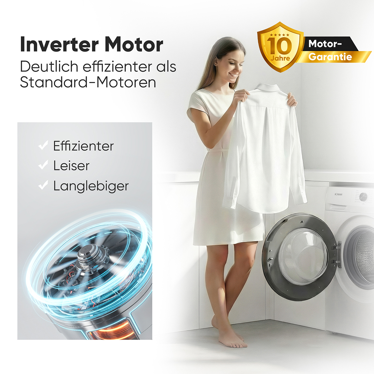 Frau hält Hemd neben Waschmaschine; Inverter Motor Details
