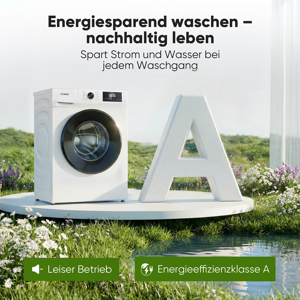 Eine weiße Waschmaschine steht neben einem großen Buchstaben A in einer grünen, blühenden Landschaft.