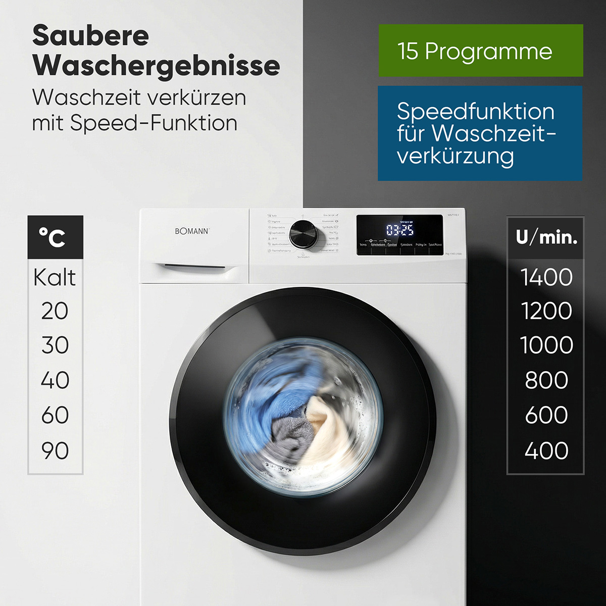 BOMANN Waschmaschine mit verschiedenen Programmen und Schleuderdrehzahlen.