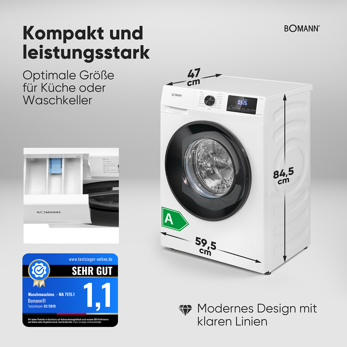 Weiße Bomann Waschmaschine mit digitaler Anzeige, Maßen und Energieeffizienzlabel A.