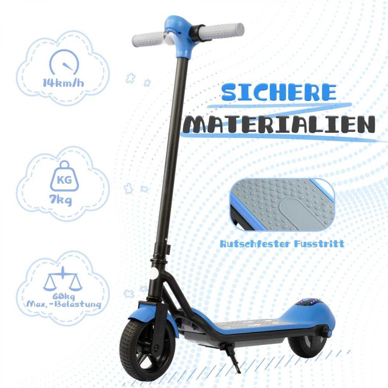 Ein blauer Elektroroller mit Spezifikationen wie 14 km/h, 7 kg und 60 kg Max. Belastung.