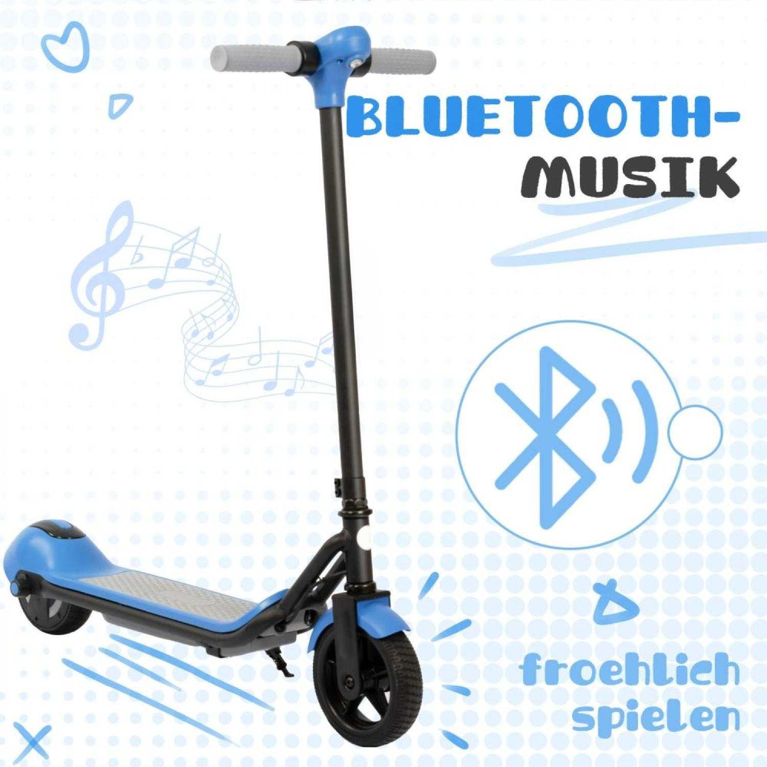 Ein blauer Elektroroller mit Bluetooth-Musik-Symbol und Noten.