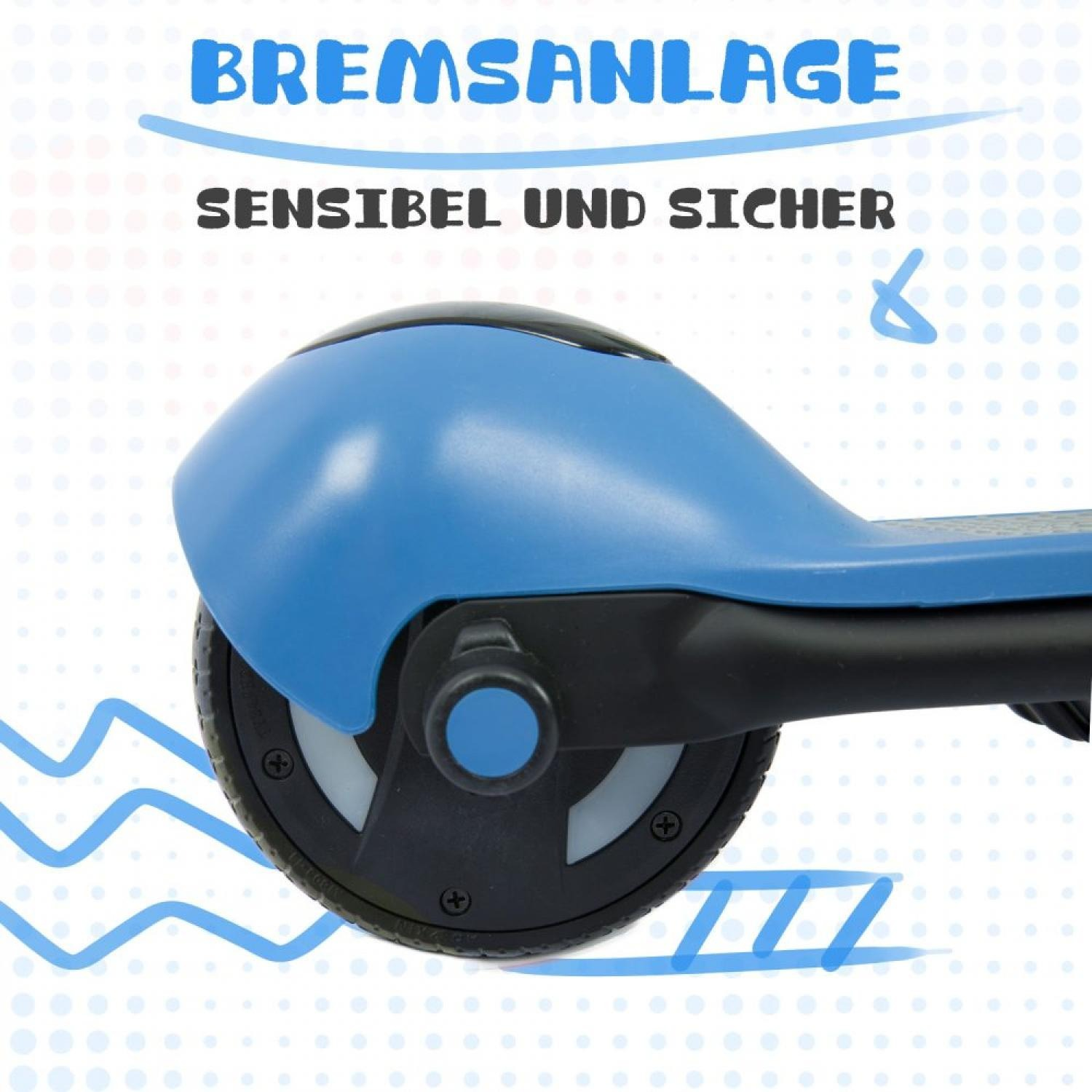 Blauer Roller-Hinterrad mit Bremsanlage und Text.
