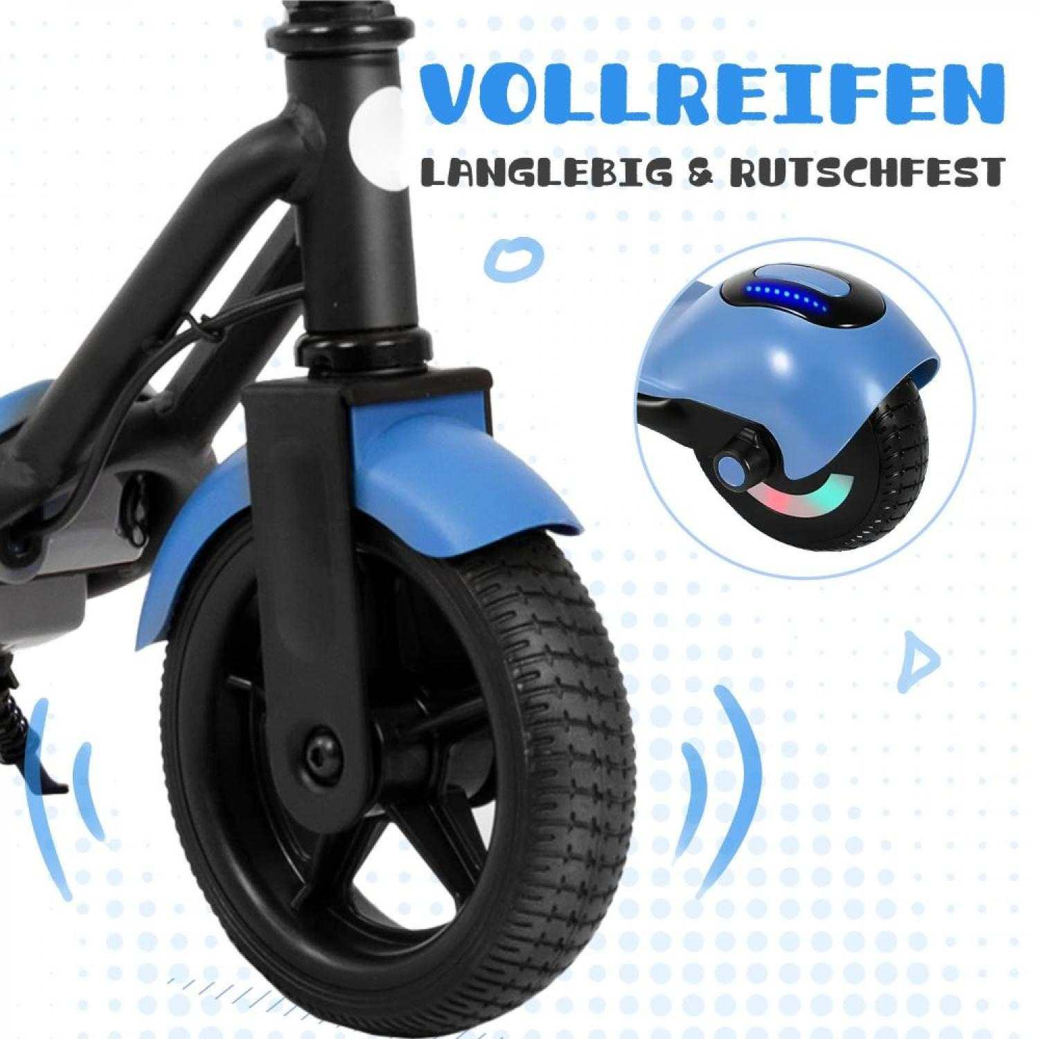 Nahaufnahme eines blauen Rollers mit schwarzem Rad und Text.