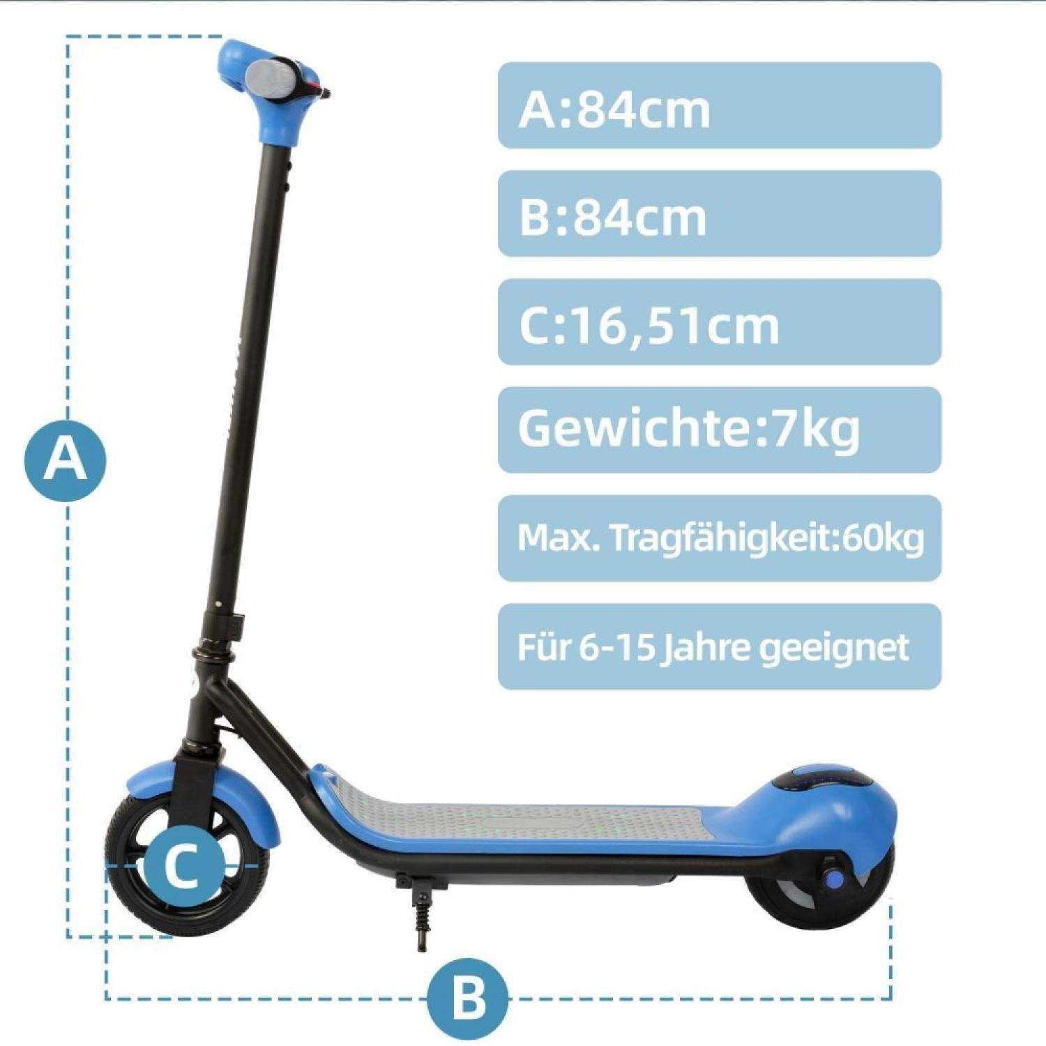 Ein blauer und schwarzer Roller mit Maßen A: 84cm, B: 84cm, C: 16,51cm.