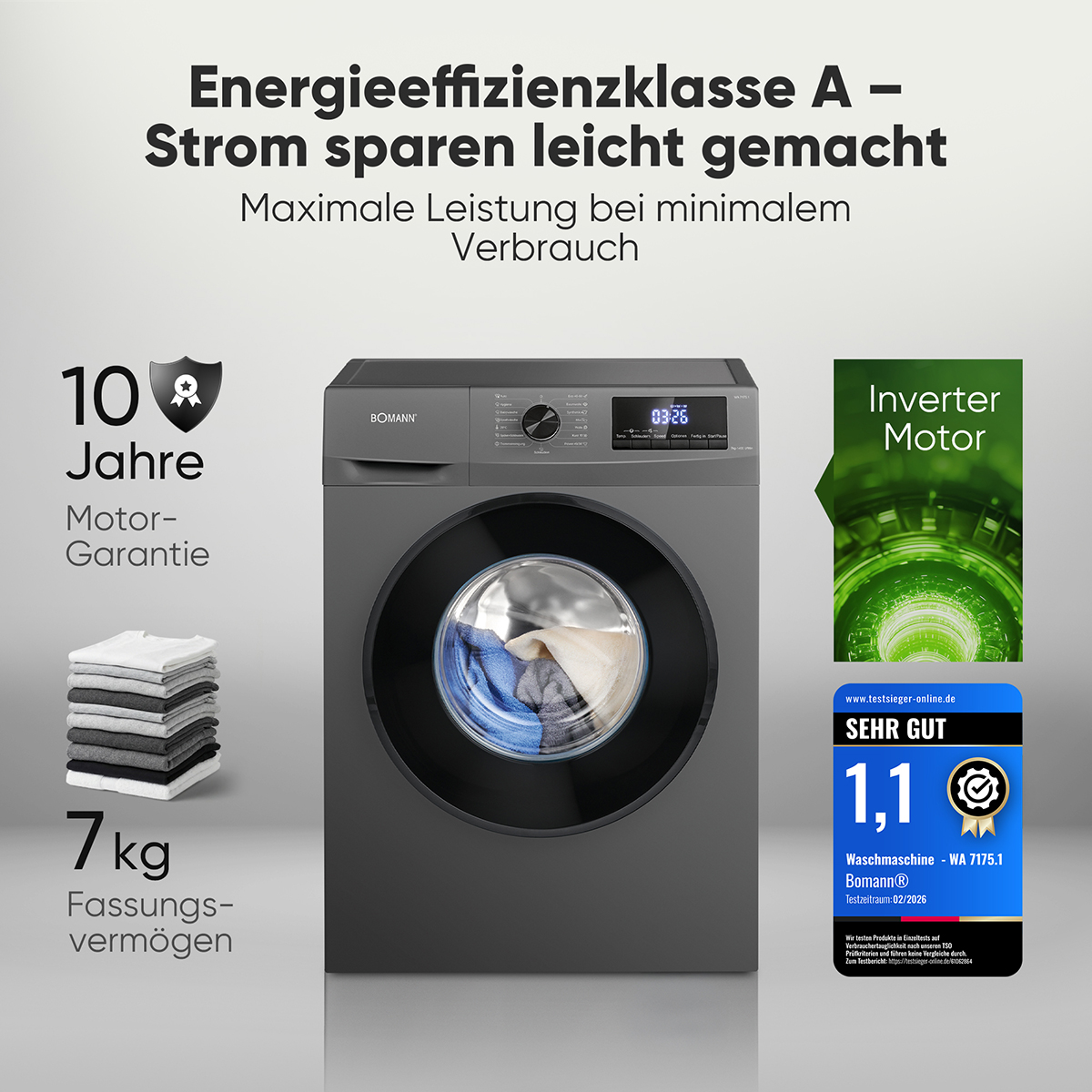 Graue Waschmaschine mit Energieeffizienz A, 10 Jahre Motor-Garantie und 7kg Fassungsvermögen.