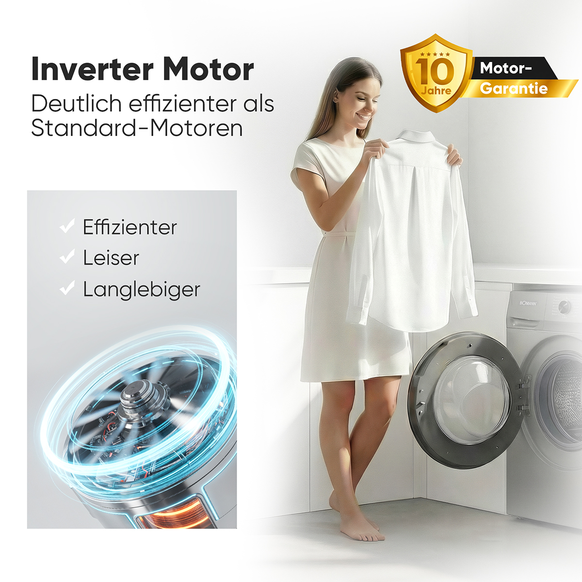 Frau mit weißem Hemd vor Waschmaschine, Inverter Motor mit Garantie.