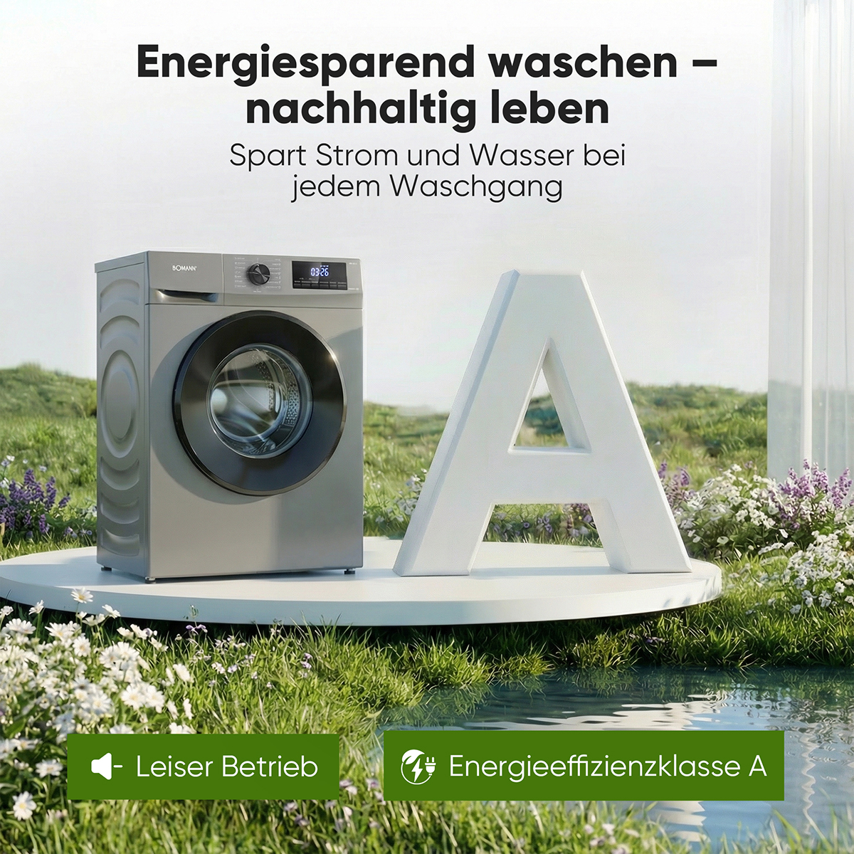 Graue Waschmaschine mit großem "A" vor grüner Natur. Energiesparend und leise.