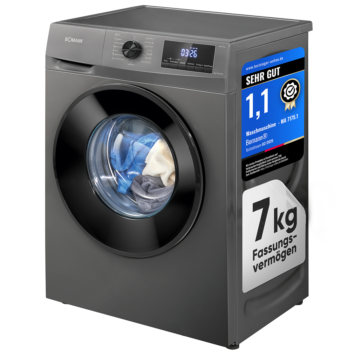 Graue Bomann Waschmaschine mit 7kg Fassungsvermögen und einer "Sehr Gut" Bewertung.