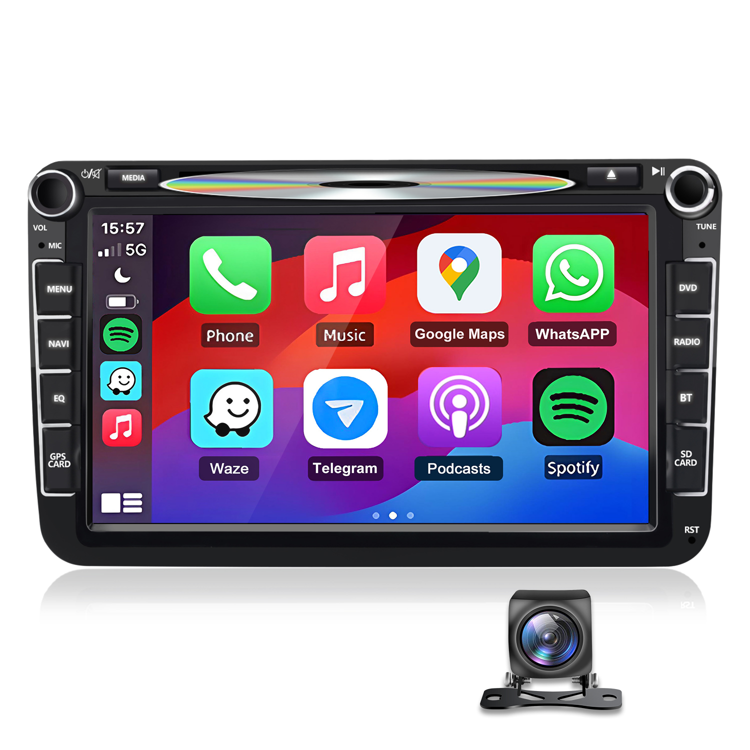 Ein Autoradio mit Touchscreen zeigt App-Symbole. Eine kleine Kamera liegt davor.