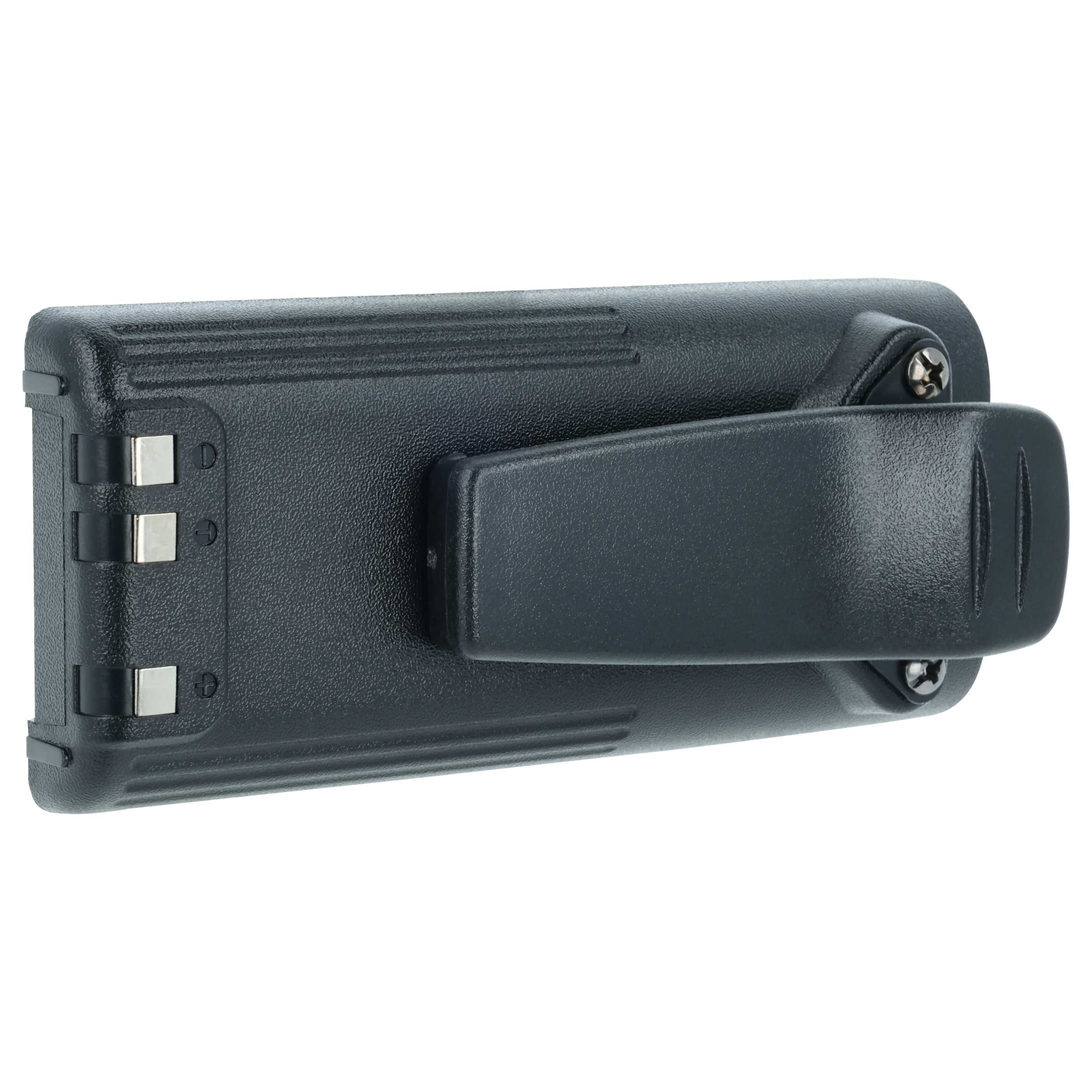Schwarzer Akku mit Gürtelclip und silbernen Kontakten.