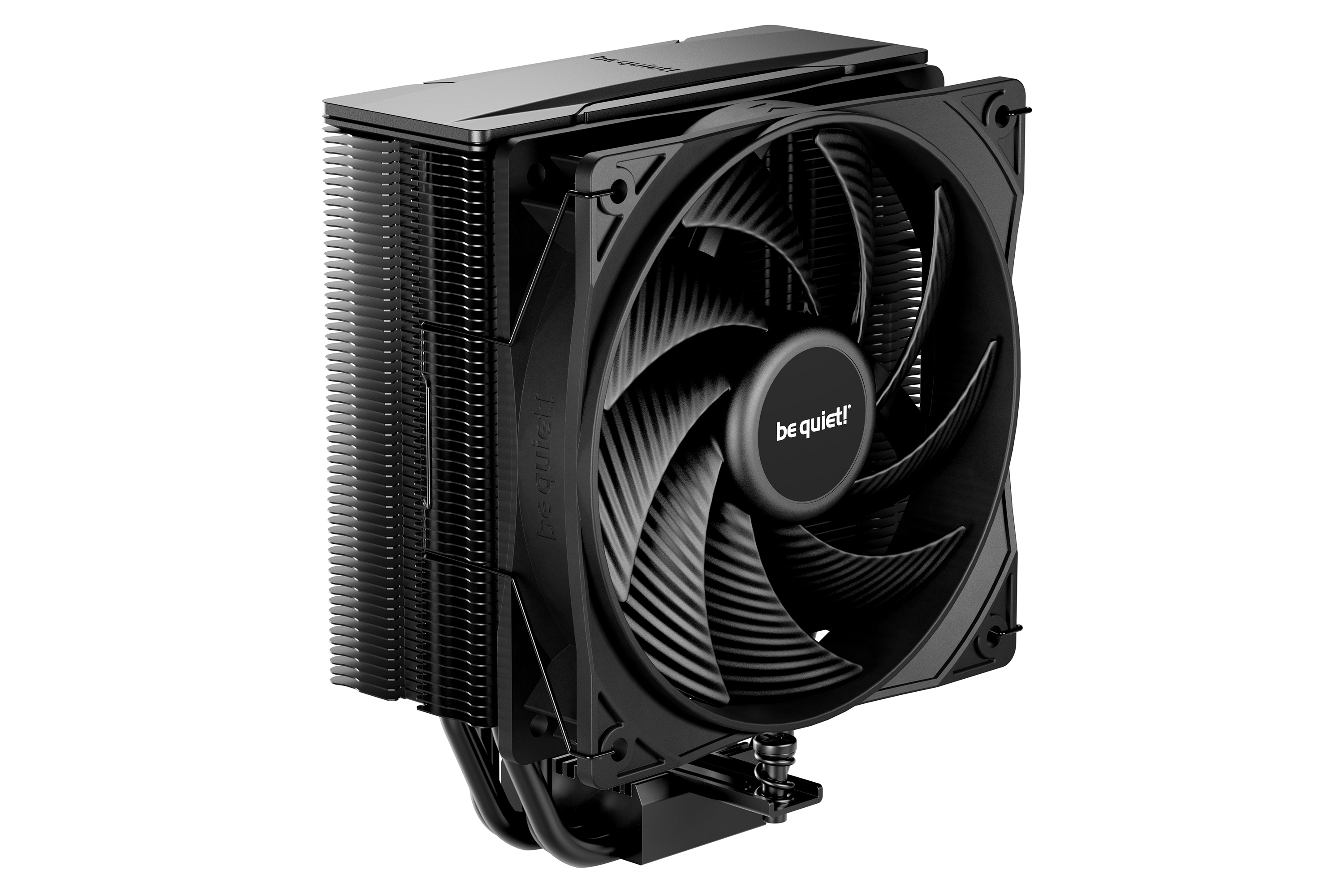 Schwarzer CPU-Kühler mit Lüfter und Kühlrippen auf weißem Hintergrund.