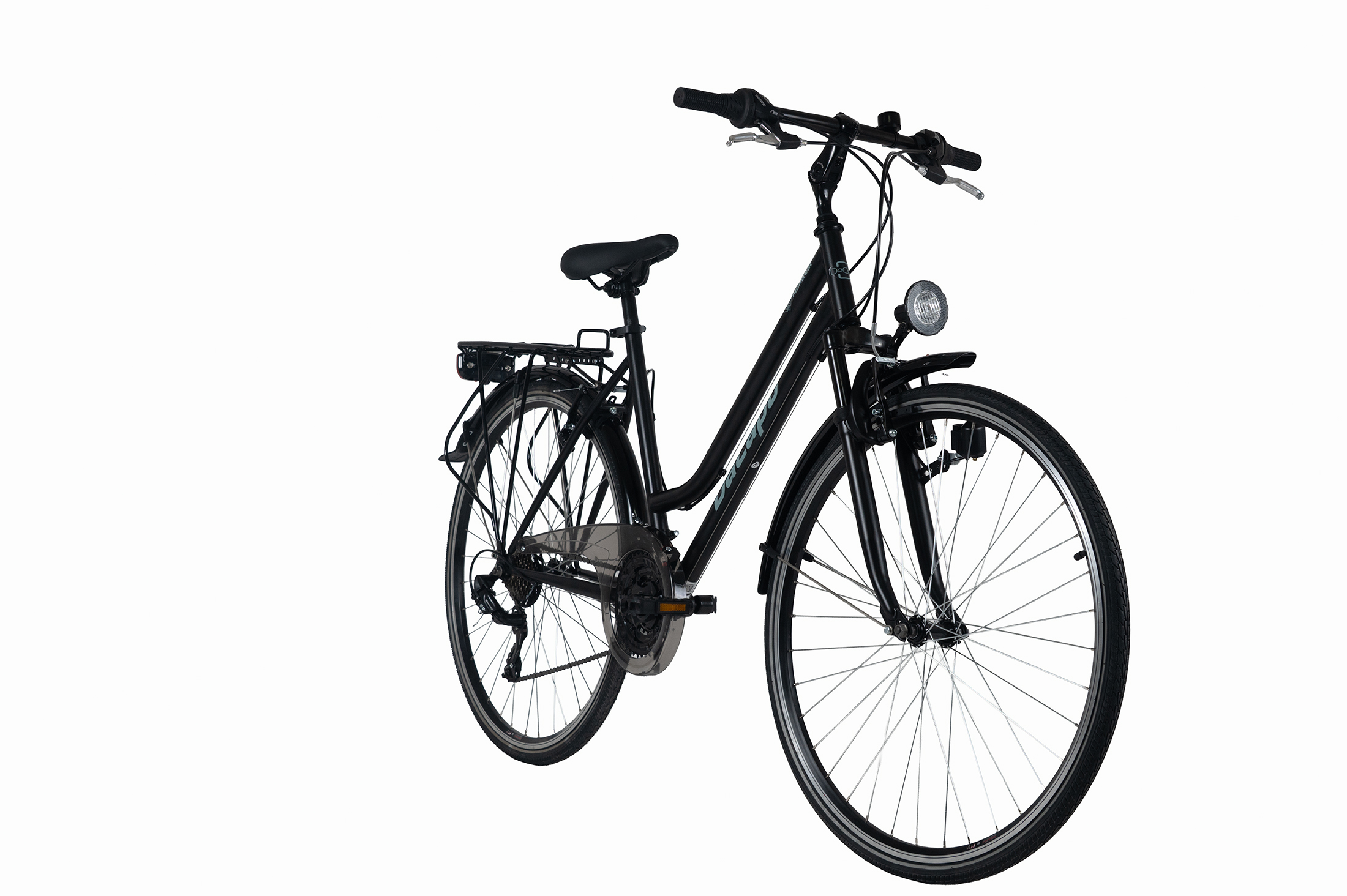 Ein schwarzes Fahrrad mit Gepäckträger, Licht und Kettenschutz.